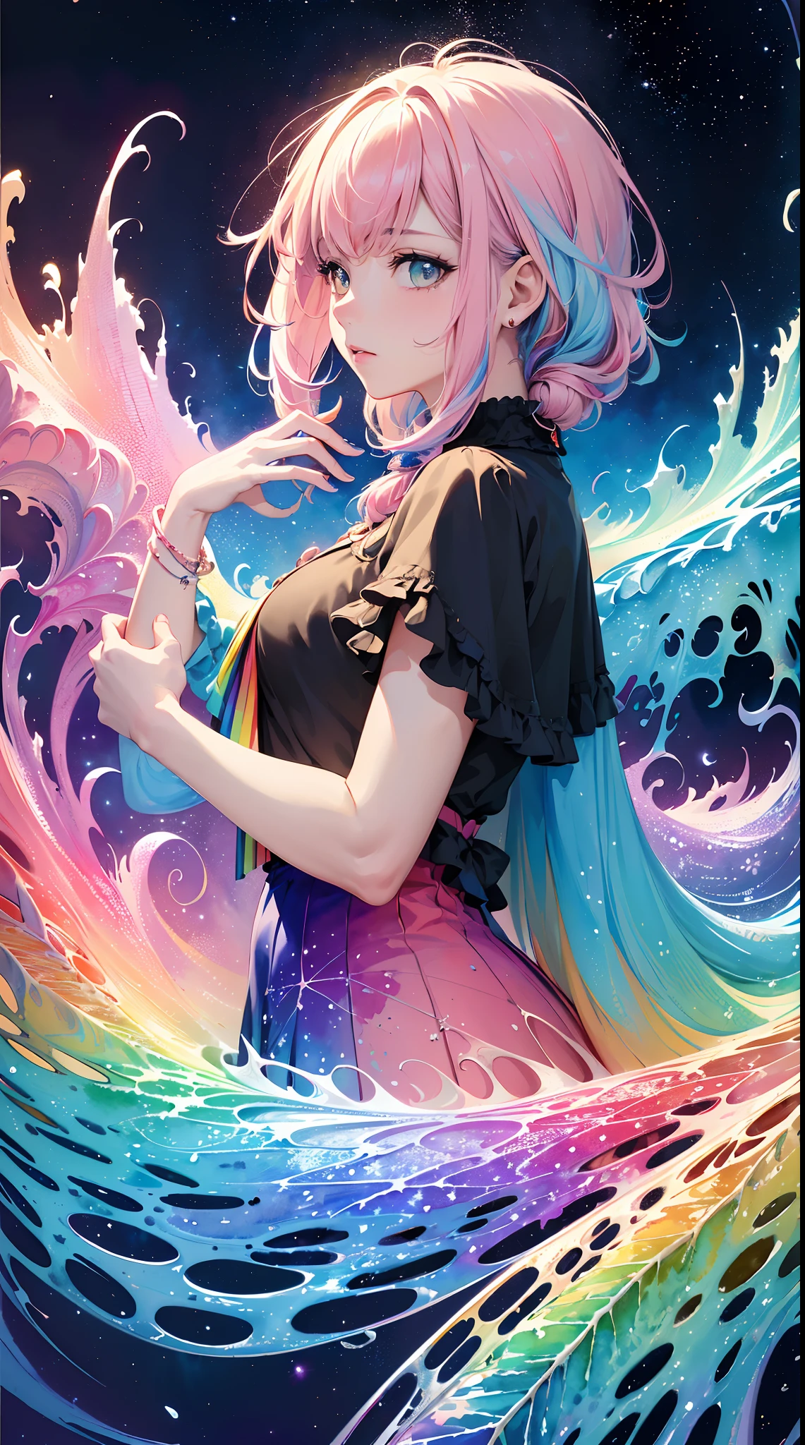 (masterpiece, top quality, best quality,watercolor (medium),official art, beautiful and aesthetic:1.2),(1girl:1.3), (fractal art:1.3),upper body, from side, looking at viewer,patterns,(rainbow color Hair,colorful hair,half blue and half pink hair:1.2),water,liquid, cloud,colorful, starry,stars,HD lighting and dark )(epic image quality)(many effects in background)