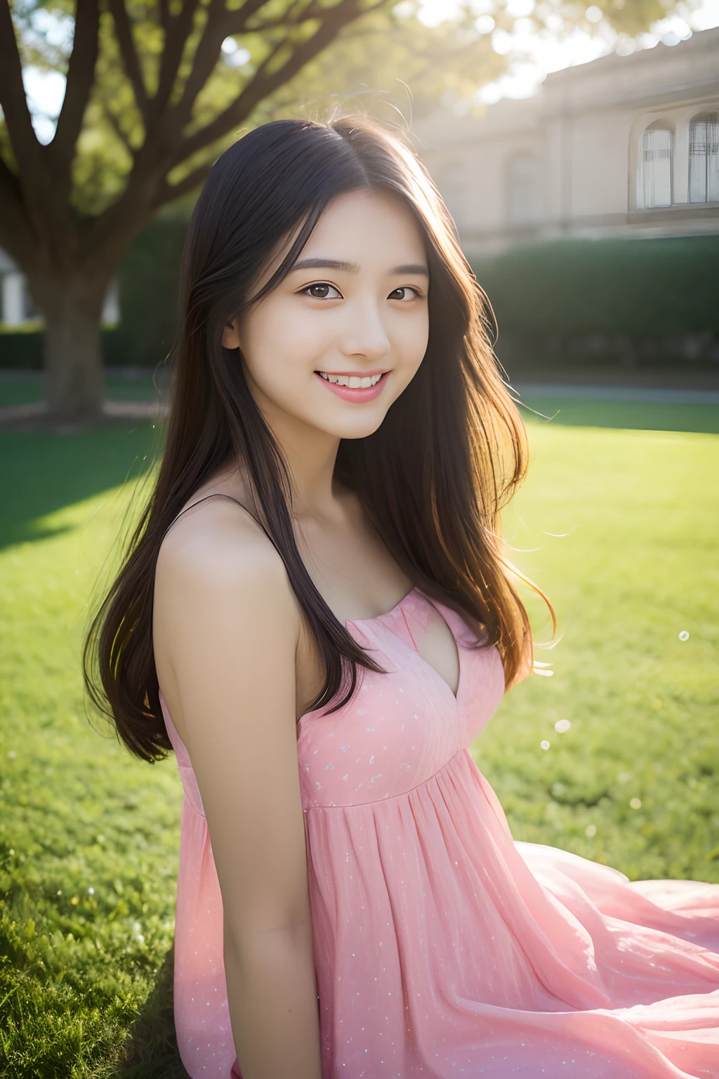 best qualtiy，tmasterpiece，超高分辨率，（真实感：1.4），RAW photogr，1girll，long whitr hair，Face Highlighting，Pure，Girly，Flushing，18yr old，18-year-old smiling female classmate，Pure，Innocent，（best qualtiy，8K，tmasterpiece:1.3），Goose egg face，being thin，largeeyes，long eyelasher，Exquisite（live-action realistic style），Star-like eyes，Ultimate face，Photorealistic light and shadow，Clear facial features，Milky white skin，Fair skin， highdetailskin， Realistic skin details， Visible Pore，（Super detail），（perfect bodies：1.1），long whitr hair，（dynamicposes），((Dynamic background((volumettic light：1.3))，huge tit(1:1.3)，Sit on grass，Pink dress，Shoulderless，school ground，Old building，Tall plane tree