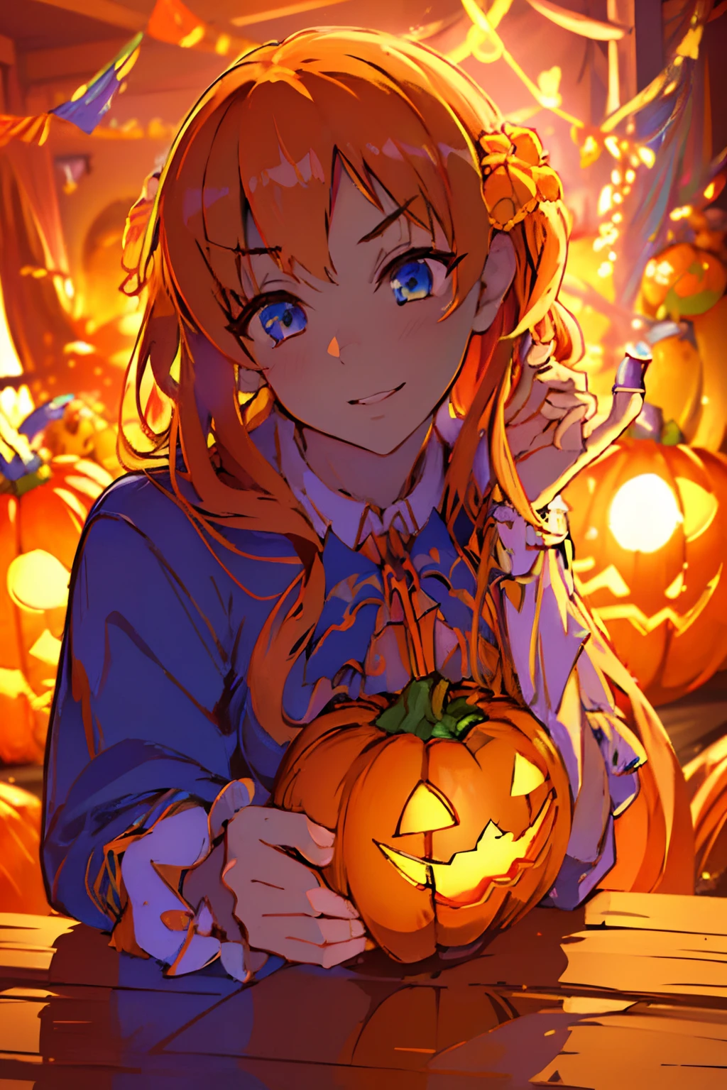 (best quality,4k,8k,highres,masterpiece:1.2),ultra-detailed,(realistic,photorealistic,photo-realistic:1.37),A girl with long blonde hair, soft blue, in Halloween T-shirt carving a pumpkin for Halloween, intricate pumpkin carving, beautiful detailed eyes, beautiful detailed lips, long eyelashes, autumn-themed porch background, orange lighting, cozy and warm atmosphere, vibrant colors, Halloween spirit, spooky but cute aesthetic, festive attire, magical feel, shadow and light interplay, imaginative and creative scene.