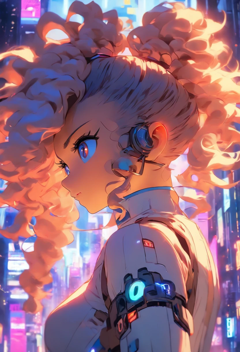 Meisterwerk, Best Picture Quality, Extreme Lebendigkeit, Anime girl with curly ponytail, kleine Figur, white functional sheath, klein, blau-lila Skibrille mit Farbverlauf, Cyberpunk, graue Haare, Natural casual style, Dynamische Haltung, Goldener Schnitt, large aperture portrait, cool tones, Starke visuelle Wirkung, Leerraum, Licht- und Schattenkontrast, Super Textur, Sunset afterglow, Super klares Bild, Einfaches Bild