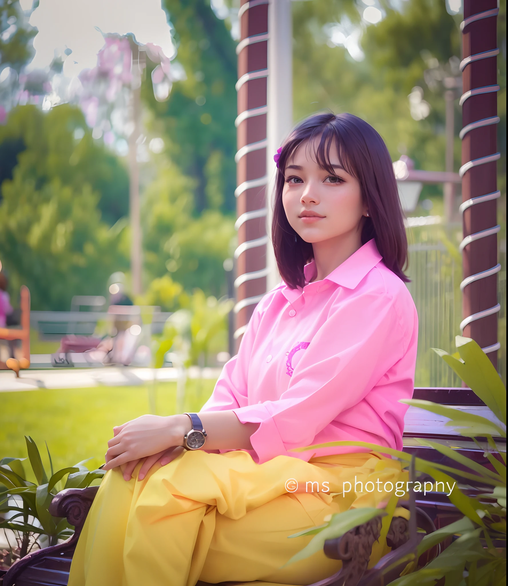 Cute Young girl, wearing her school uniforms, with short hair, wearing watch in her hands, sitting at bench, in the park, hari bangs, ultra realistic, 4k
