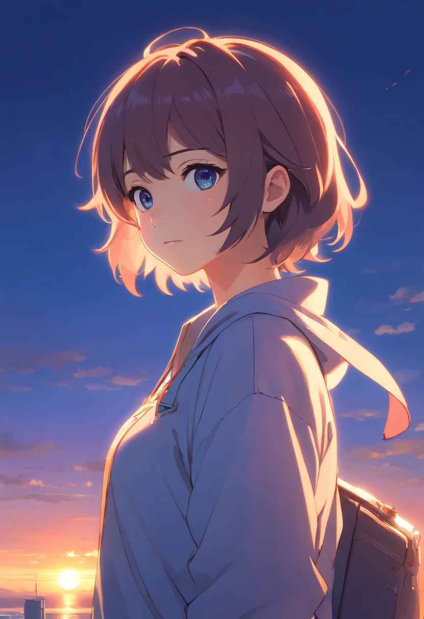 Meisterwerk, Best Picture Quality, Extreme Lebendigkeit, Anime girl with curly ponytail, kleine Figur, white functional sheath, klein, blau-lila Skibrille mit Farbverlauf, Cyberpunk, graue Haare, Natural casual style, Dynamische Haltung, Goldener Schnitt, large aperture portrait, cool tones, Starke visuelle Wirkung, Leerraum, Licht- und Schattenkontrast, Super Textur, Sunset afterglow, Super klares Bild, Einfaches Bild