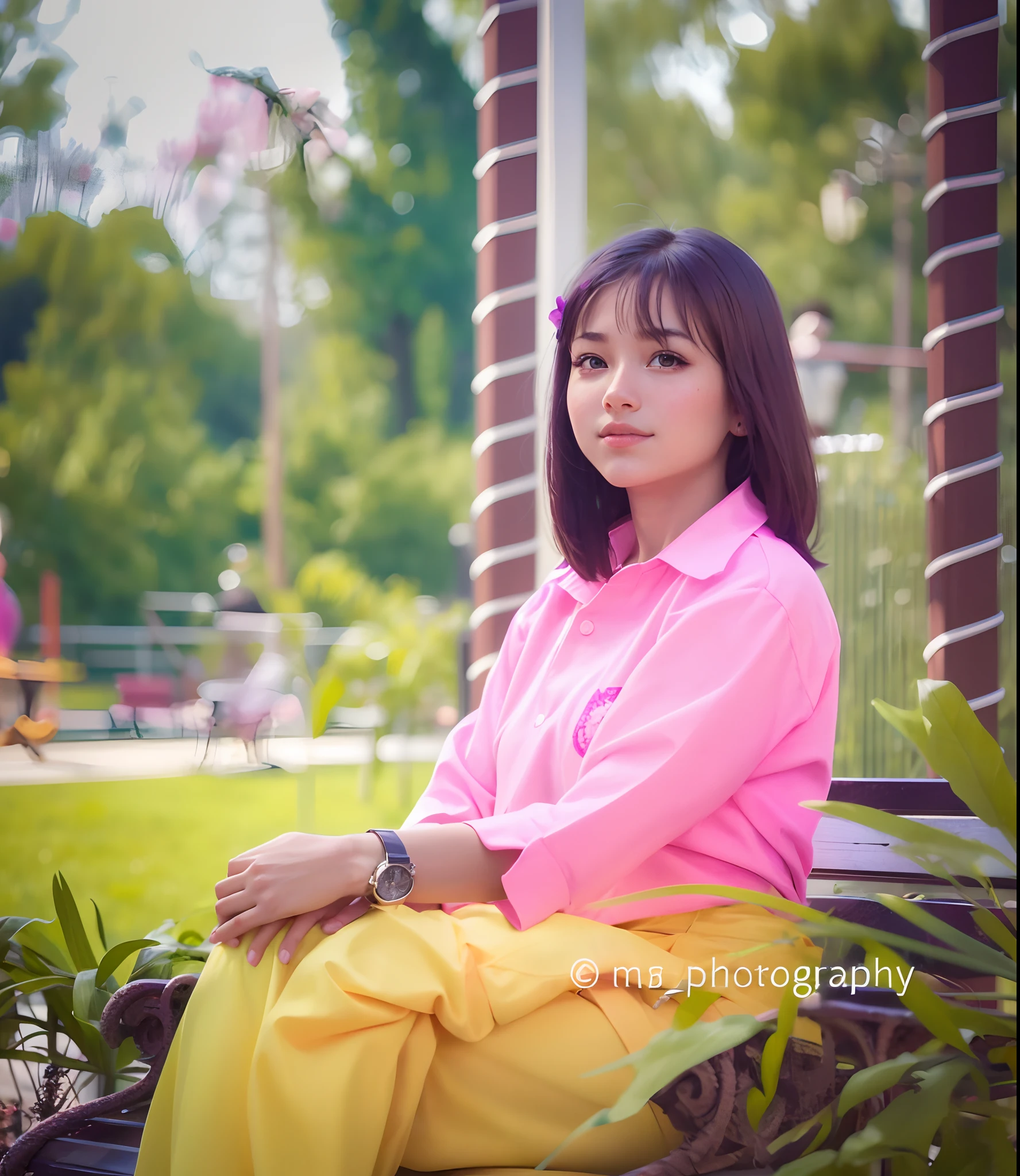 Cute Young girl, wearing her school uniforms, with short hair, wearing watch in her hands, sitting at bench, in the park, hari bangs, ultra realistic, 4k
