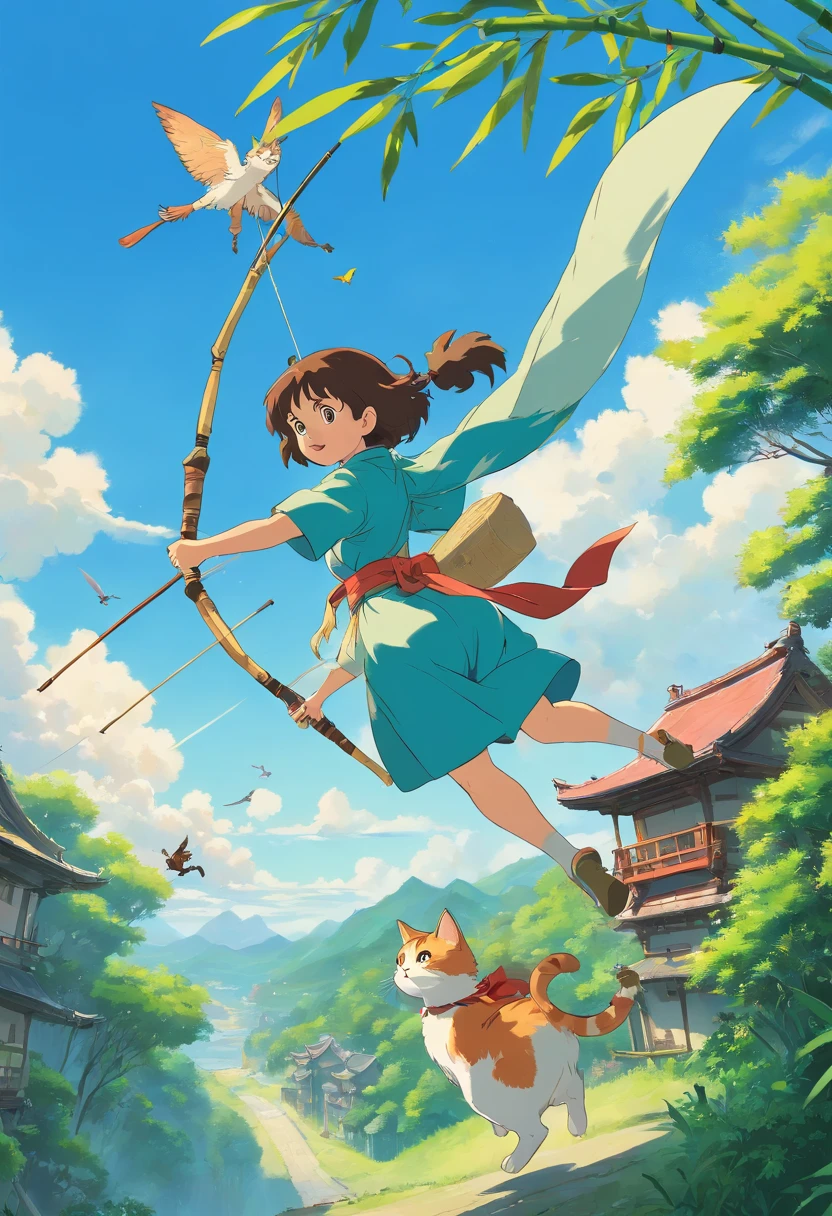 With a girl flying in the sky with a bamboo bow、Cat chasing a girl
