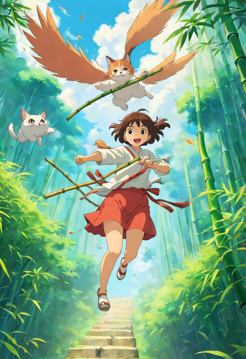 With a girl flying in the sky with a bamboo bow、Cat chasing a girl