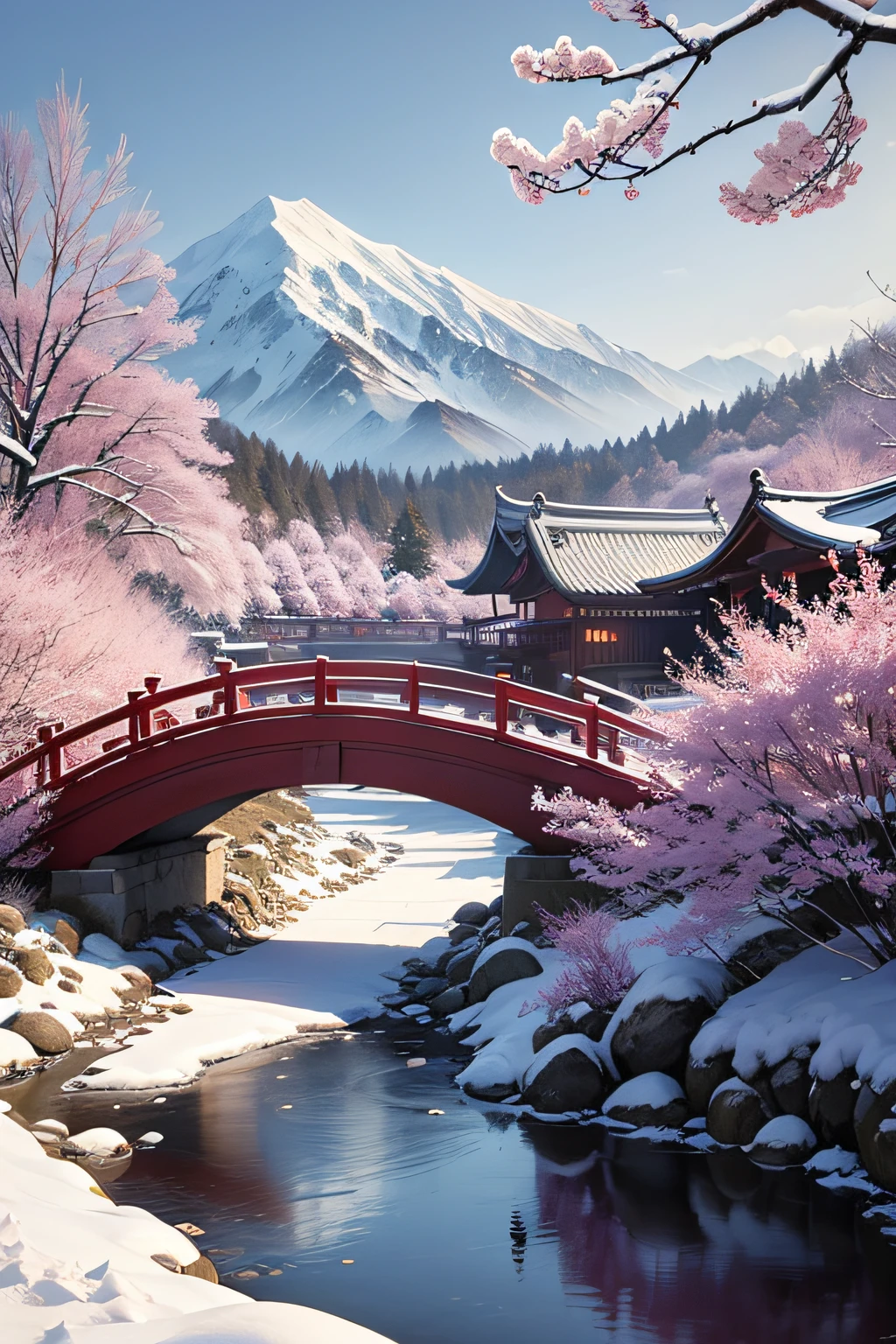 Snow Mountain Villa Cold Red Plum Blossoms Small Bridge Flowing Water Ink Painting