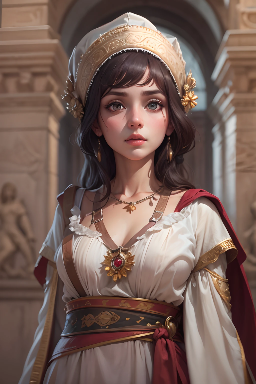 girl in long tunics, big eyes, high quality, masterpiece, highly detailed CG unity, ancient rome