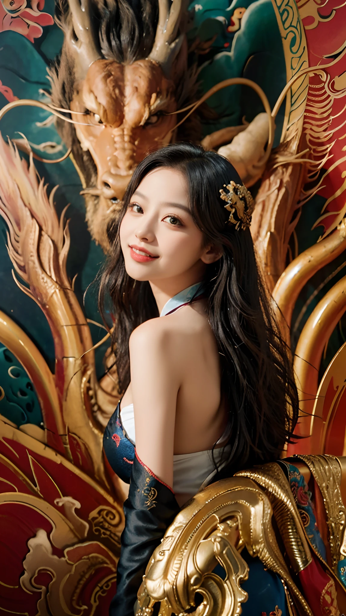 Official Art, Unified 8K Wallpapers, Ultra Detailed, Beautiful and Aesthetic, Masterpiece, Best Quality, (Zentangle, Tangle, Entangle), (fractal art: 1.4), 1girl, black hair, Chinese, bare shoulders, short skirt, calf, navel, very detailed, dynamic angle, cowboyshot, (most beautiful form chaos), flowing, (bright colors), oc, (half: 1.2), china, (thangka flying sky: 1.5), (ribbon: 1.3), (dream: 1.5), (hanfu: 1.5), Chinese dragon, Chinese phoenix, (smile: 0.5), (Chinese deity),