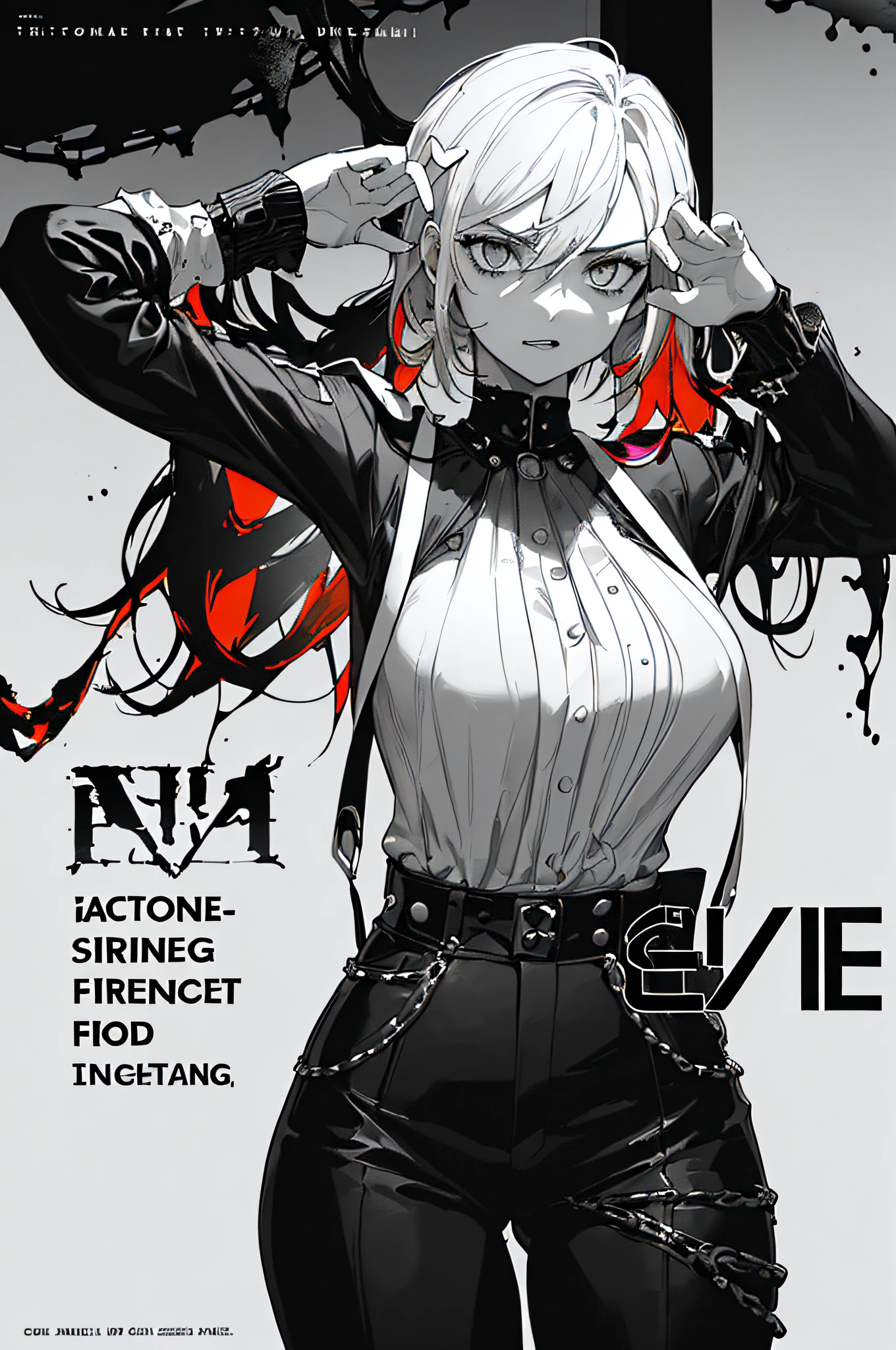 ((highest quality)), ((masterpiece)), (be familiar with), CANAAN, 1 girl, alone, silver hair,brown skin,red eyes,long pants,red sleeveless,Clothes with a visible back, Slender,slender,short hair,small breasts, erect nipples, No bra, gloves, put your hand on your waist