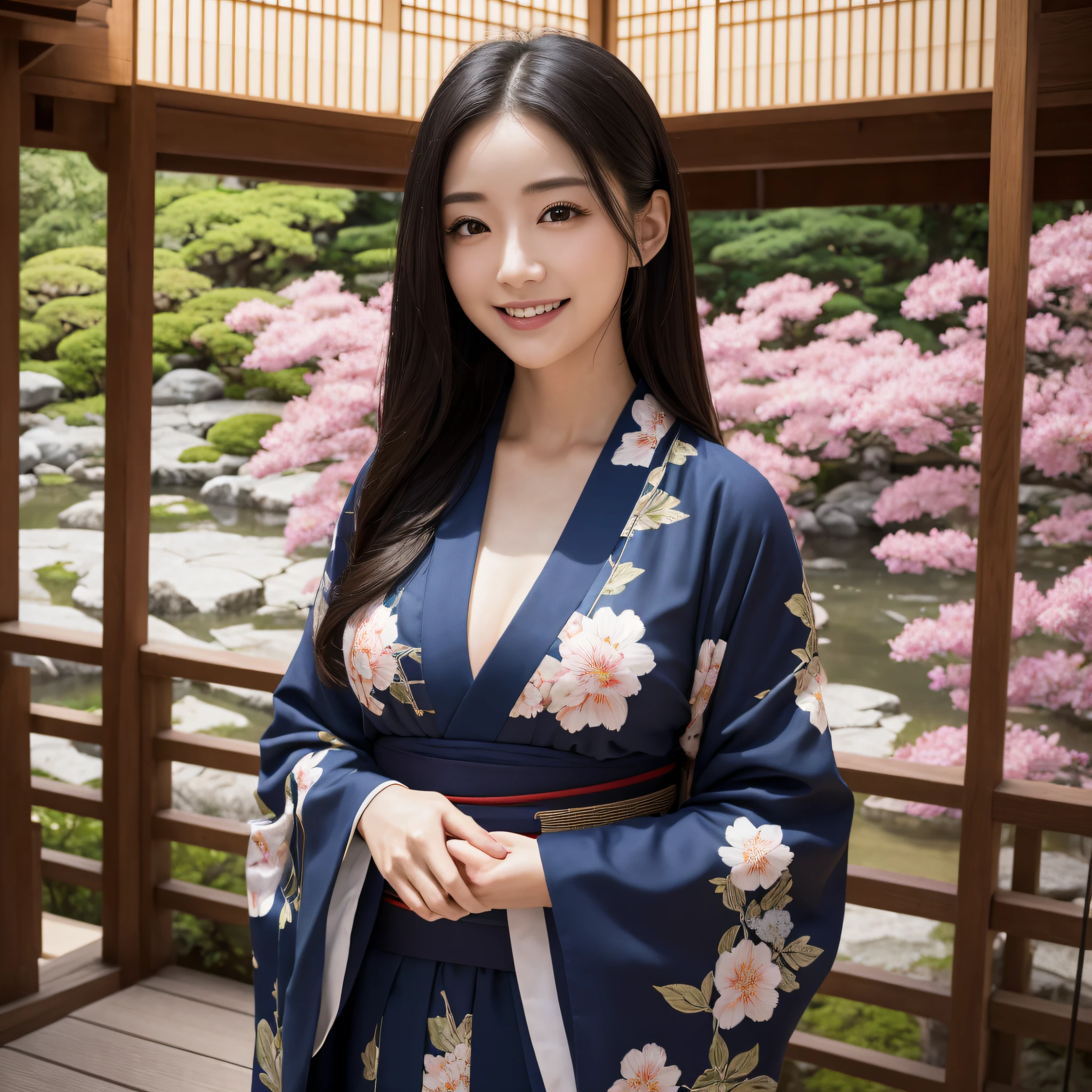 (Woman in Kimono)、((best qualtiy、8k masterpieces:1.3))、foco nítido:1.2、(ultra beautiful faces:1.0)、(shinny skin:1.0)、photos realistic、A dark-haired、Video Lighting、High-definition eyes and face、Video Lighting、25-year-old Japan actress、from the front side、medium breasts、With a happy smile、Slender Abs Beauty、Whole body、wearing kimonos、in japanese garden