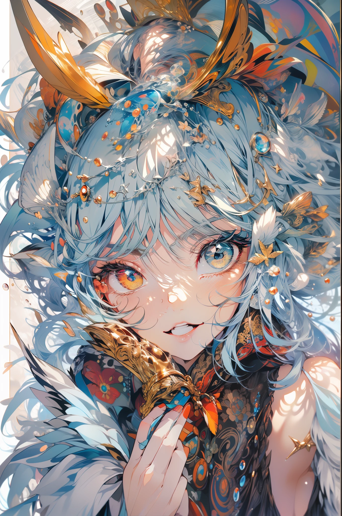 (Highest Quality), (Masterpiece), (Super Detailed), (Eye Detail: 1.0), (Lens Flare: 1.0), (Movie Poster: 1.0), (Tarot Border: 1.0), Portrait Center, (Closeup: 1.0), (Negative Space: 0.8), (Negative Space: 1.6), (Solo), (Floating Color Mesh: 1.0), (Many Color Spikes: 1.0), (Floating Droplets: 1.0), ( Water Magic: 1.0), (Dappled Sun, Rays, Caustics: 1.2), (Iridescence: 1.0), (Beautiful Detail Halo: 1.0), (Lean Back: 1.2), (Grim Expression: 1.0) ,(small:1.0),(open mouth:1.0),(eyelashes),one eye closed,(light blue hair:1.4),(long hair:1.0),(facing viewer:1.3),(head tilt : 1.0), (dynamic pose: 1.1), (asymmetrical hair: 1.2), (orange, (casual, casual), (layered skirt), (gray eyes: 1.4), oblique bangs, high double ponytail, diamond hair ,long coat,(flowing cloak: 1.0),,(abstract background:1.4),(:1.1),(jump:1.1),(tan:1.1),(upper body:1.25),thinking,pupil,++,co-feather , strapless, tights, (white gloves: 1.3), black and red double horns, sleepy