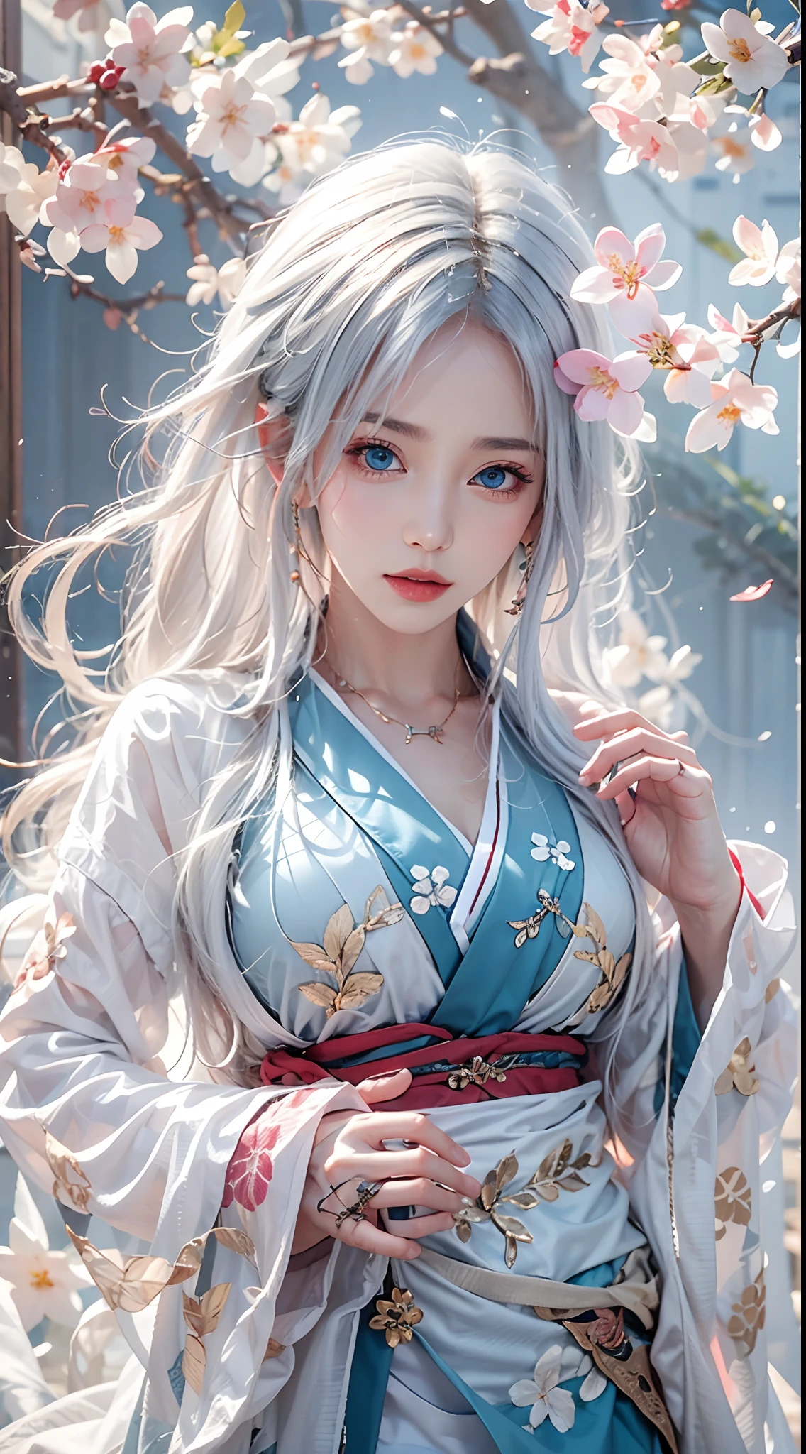 photorealistic, high resolution, soft lights, 1women, solo, hips up, blue eyes, white hair, long hair, hanfu, hips up, jewelry, tattoo, cherry blossom