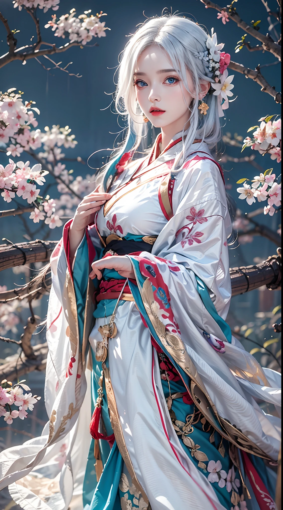photorealistic, high resolution, soft lights, 1women, solo, hips up, blue eyes, white hair, long hair, hanfu, hips up, jewelry, tattoo, cherry blossom