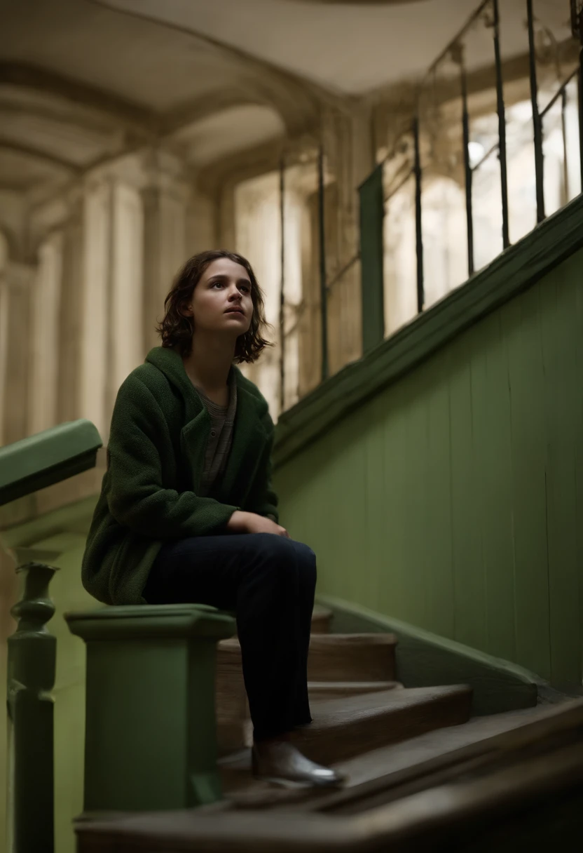 A 14-year-old girl,with hair dishevelled,The girl climbed down the stairs on twisted limbs,His face turned pale,Wet hair,The expression is hideous,Denis Villeneuve's style, cinematic Film still from, cine still 800,Cinematic film texture,blurred lens,F1.2 apertures,Light green tones