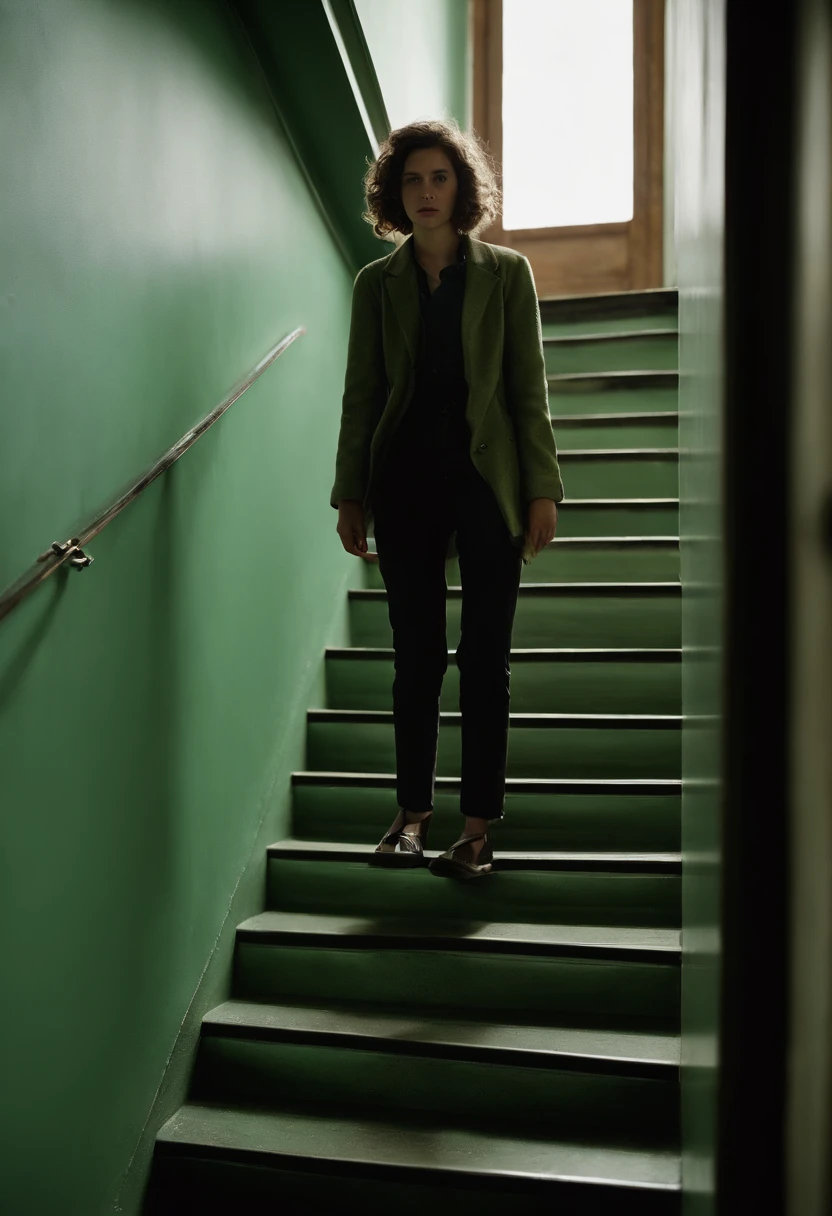 A ，with hair dishevelled，The girl climbed down the stairs on twisted limbs，His face turned pale，Wet hair，The expression is hideous，Denis Villeneuve's style, cinematic Film still from, cine still 800，Cinematic film texture，blurred lens，F1.2 apertures，Light green tones
