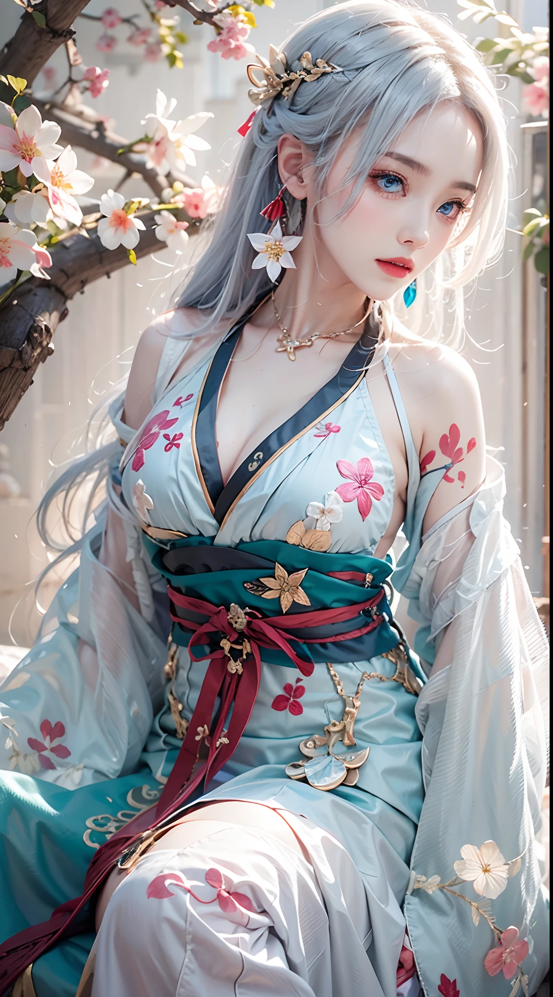photorealistic, high resolution, soft lights, 1women, solo, hips up, blue eyes, white hair, long hair, hanfu, hips up, jewelry, tattoo, cherry blossom