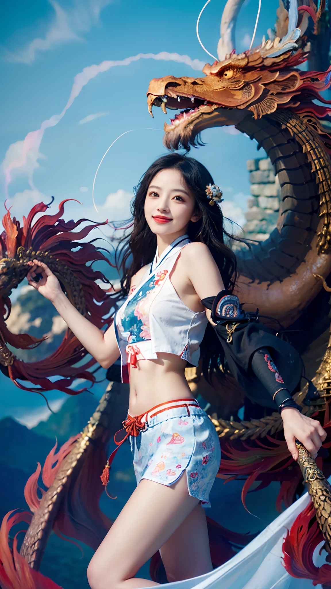 Official Art, Unified 8K Wallpapers, Ultra Detailed, Beautiful and Aesthetic, Masterpiece, Best Quality, (Zentangle, Tangle, Entangle), (fractal art: 1.4), 1girl, black hair, Chinese, bare shoulders, short skirt, calf, navel, very detailed, dynamic angle, cowboyshot, (most beautiful form chaos), flowing, (bright colors), oc, (half: 1.2), china, (thangka flying sky: 1.5), (ribbon: 1.3), (dream: 1.5), (hanfu: 1.5), Chinese dragon, Chinese phoenix, (smile: 0.5), (Chinese deity),