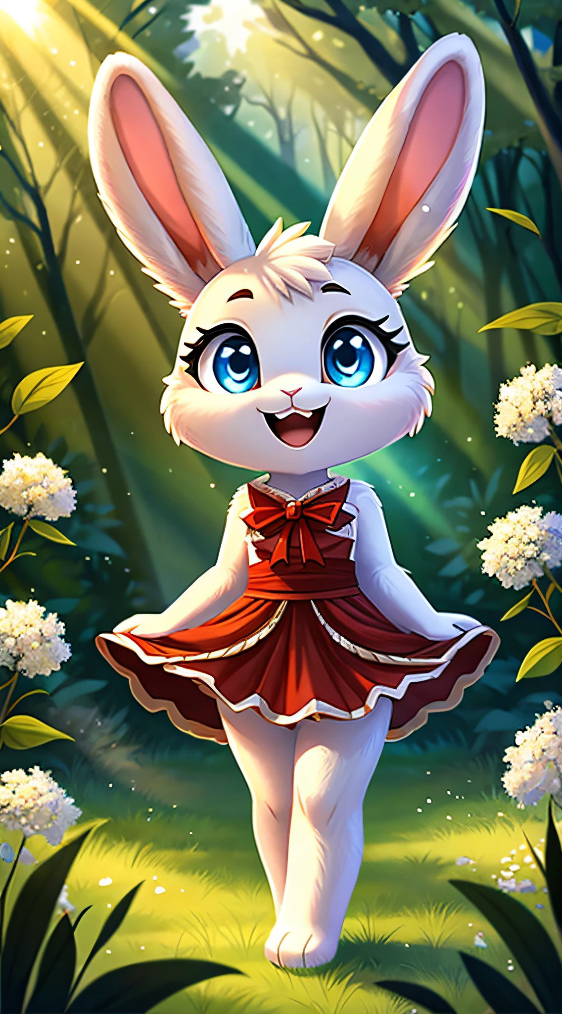 zoomed out image, fantasy style art, cute, adorable, short character, small, tiny little fluffy female white bunny with blue eyes, 4 ears, 2 extra ears, big floppy ears, long ears, ears perked up, raised ears, long eyelashes, poofy rabbit tail, wearing a red frilly ribbon dress, smiling, standing in a forest, big expressive smile, open mouth, wide eyes, excited eyes, excited face, stunning visuals, sunlight coming through the trees, white flowers scattered in the bushes, digital illustration