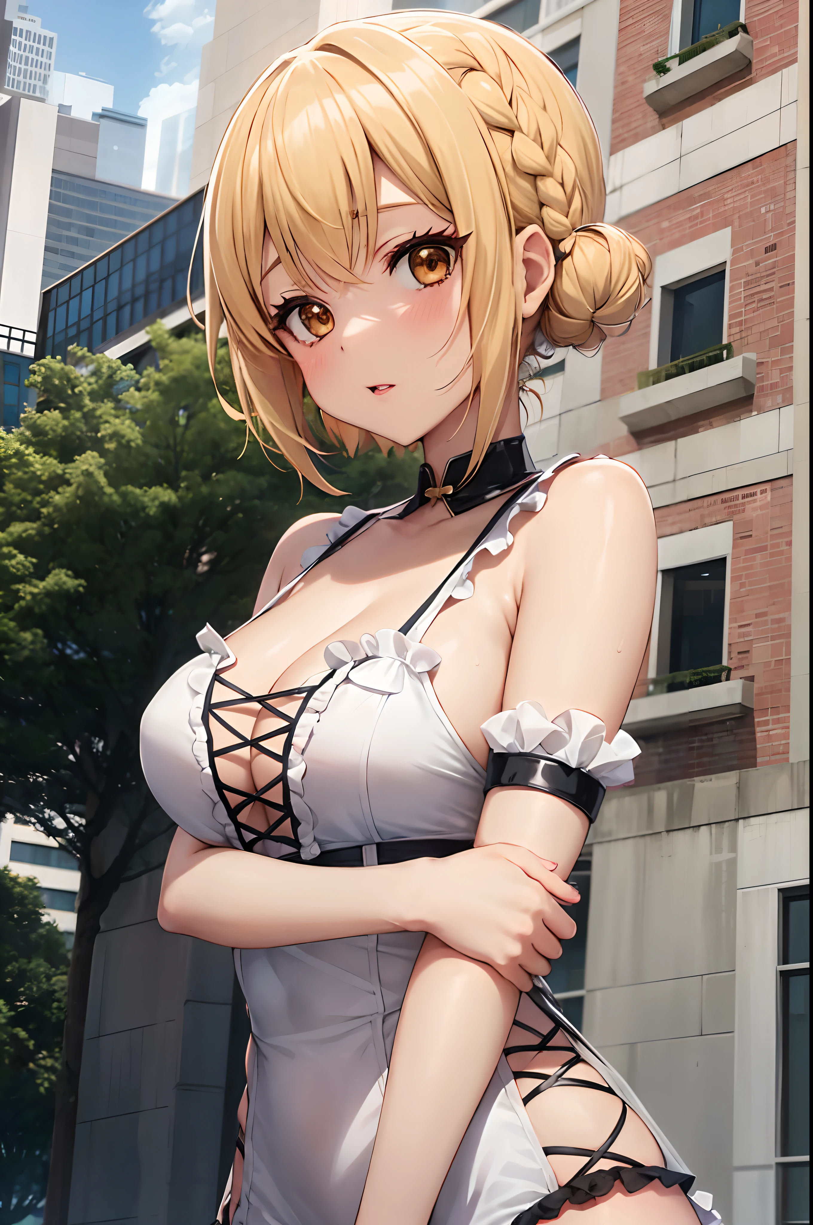 Chica de anime con grandes pechos posando frente a un edificio, Also, seductora chica de anime, Loli en vestido, Rei Hiroe, ?????, ??????????? loli, Estilo anime ?????, loli, Anya de Spy X Family, Makoto Shinka, Chica de anime llamada Lucy, Shirobako, | Anime with small details, pechos grandes!