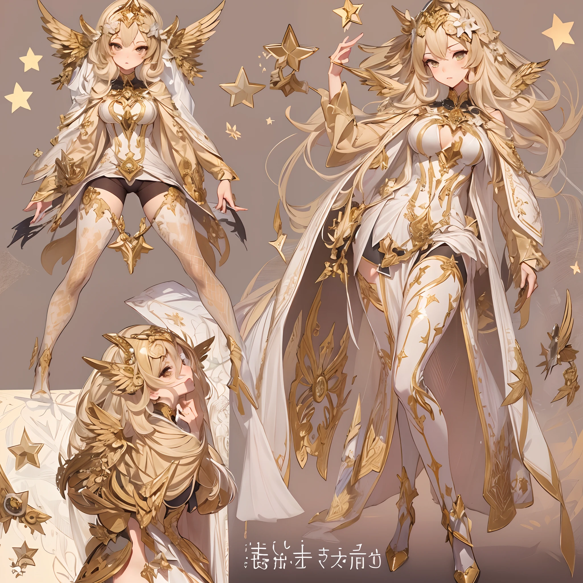 ((Masterpiece, Highest quality)), Detailed face, CharacterDesignSheet，full bodyesbian, perfectly proportions，Full of details, Multiple poses and expressions, Highly detailed, Martial arts girl，Seductive，Gradient hair color，golden colored，Detailed eyes, ssee-through，wedding gown，lacepantyhose，Clouds，High Balance, Overhead halo，Natural light，Star decoration