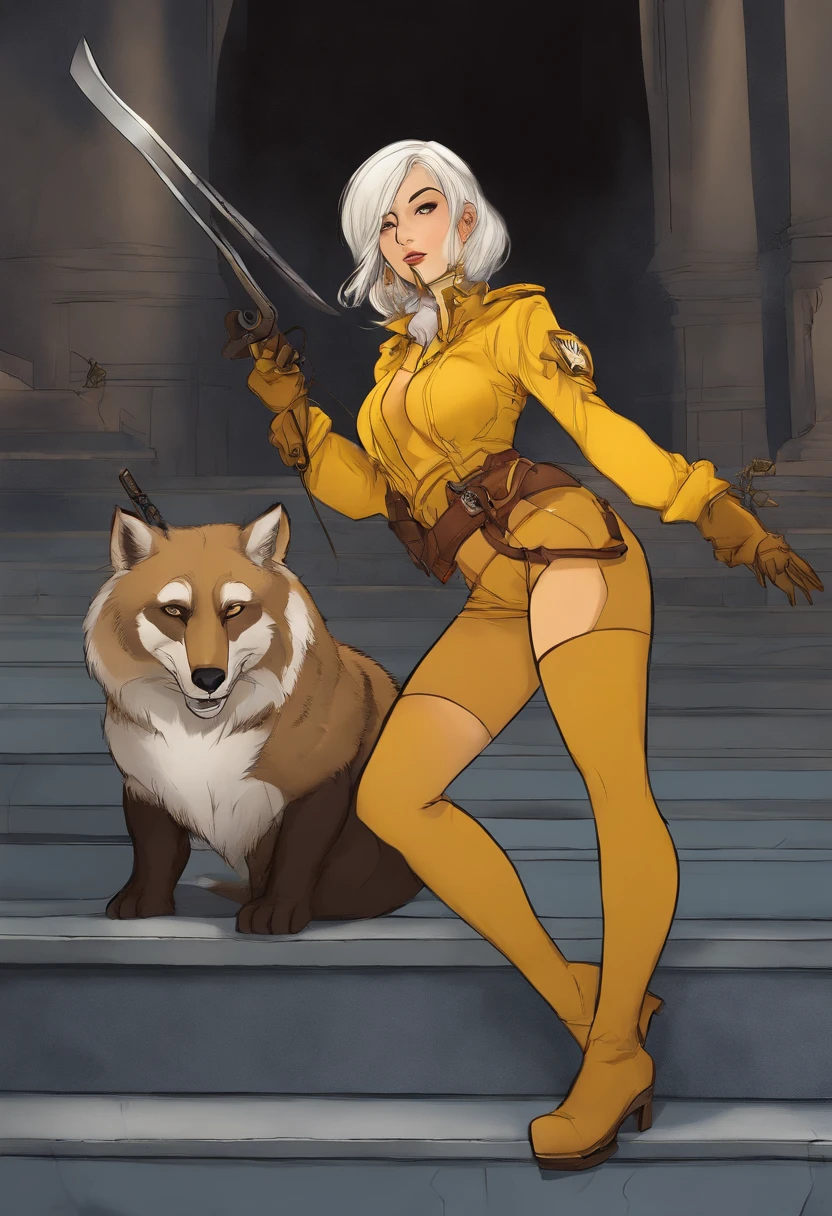 a cartoon picture of a woman in a yellow outfit holding a wolverine, rogue anime girl, inspired by Leiko Ikemura, inspired by Ikuo Hirayama, looking like annie leonhart, inspired by Kusumi Morikage, inspired by Koryusai Isoda, tifa lockhart with white hair, faye valentine, digitally colored