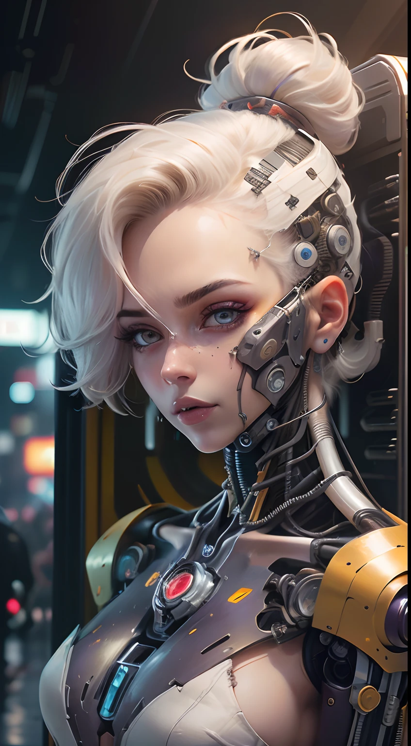 8k, 。...............................................3D, realista, Ultra Micro Photography, of the highest quality, Super detalle CG Unity 8k,Hermosa mujer robot, (mechenical parts: 1.5), lucha, ojos brillantes, cabello corto, supertraje apretado rasgado,(Robot blanco:1.4),In a destroyed city apocalyptic fire, dynamic pose, dynamic view,( cyberpunk:1.4),(fondo morado:1.4),(detallado:1.4)motor irreal:1.4,UHD,La mejor calidad:1.4, fotorrealista:1.4, textura de la piel:1.4, obra maestra:1.8,(hermosos ojos:1.4)