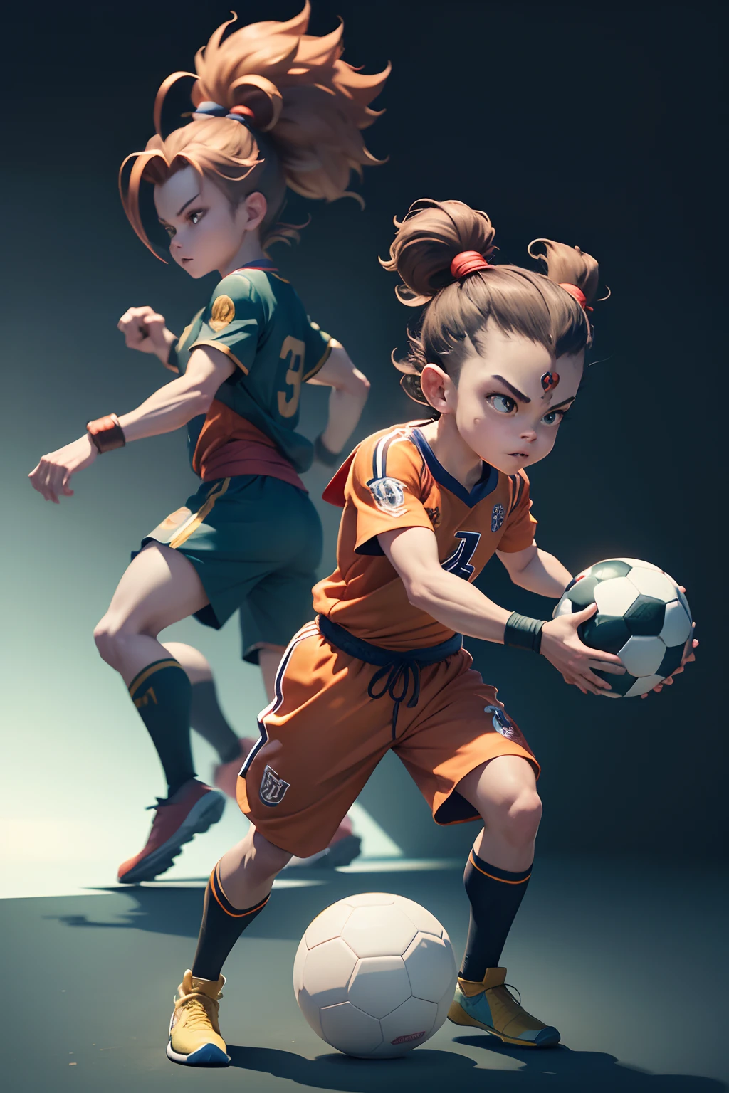 GAMECHARACTER DESIGN, Cartoon characters, Partial cartoon characters at the height of two and a half heads, Character Setting Machine Monkey King, Facial features like the Monkey King in Dragon Ball, Features of the human face, Strong mechanical sensation, Heads-up side character settings, Dealing with a soccer ball, Dressed as a soccer player, No background, White background, Reasonable and good color matching, 8K Octane Rendering, movie light, --auto