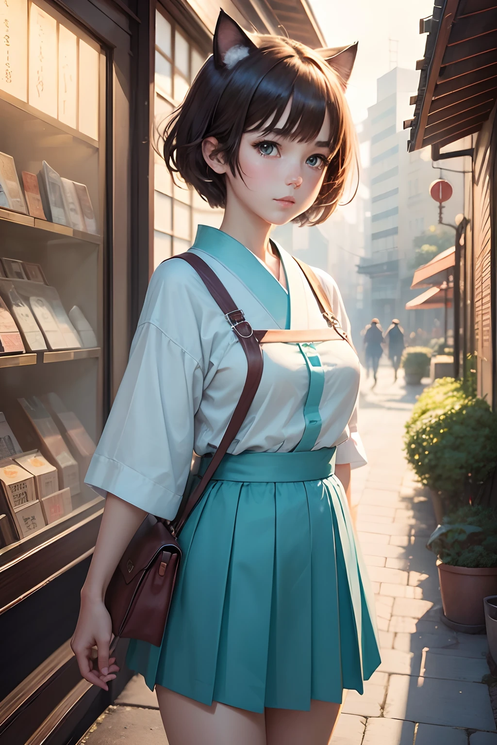 masterpiece best quality, High resolution, Super delicate, Super beautiful, 1 girl,、Cat tail Cat ears, short brown hair, chuckle, Fishing eyes, Turquoise eyes, Cute, Popular, Mysterious, Japanese Uniform, Skip, Futuristic city, watercolor paiting, Digital Art