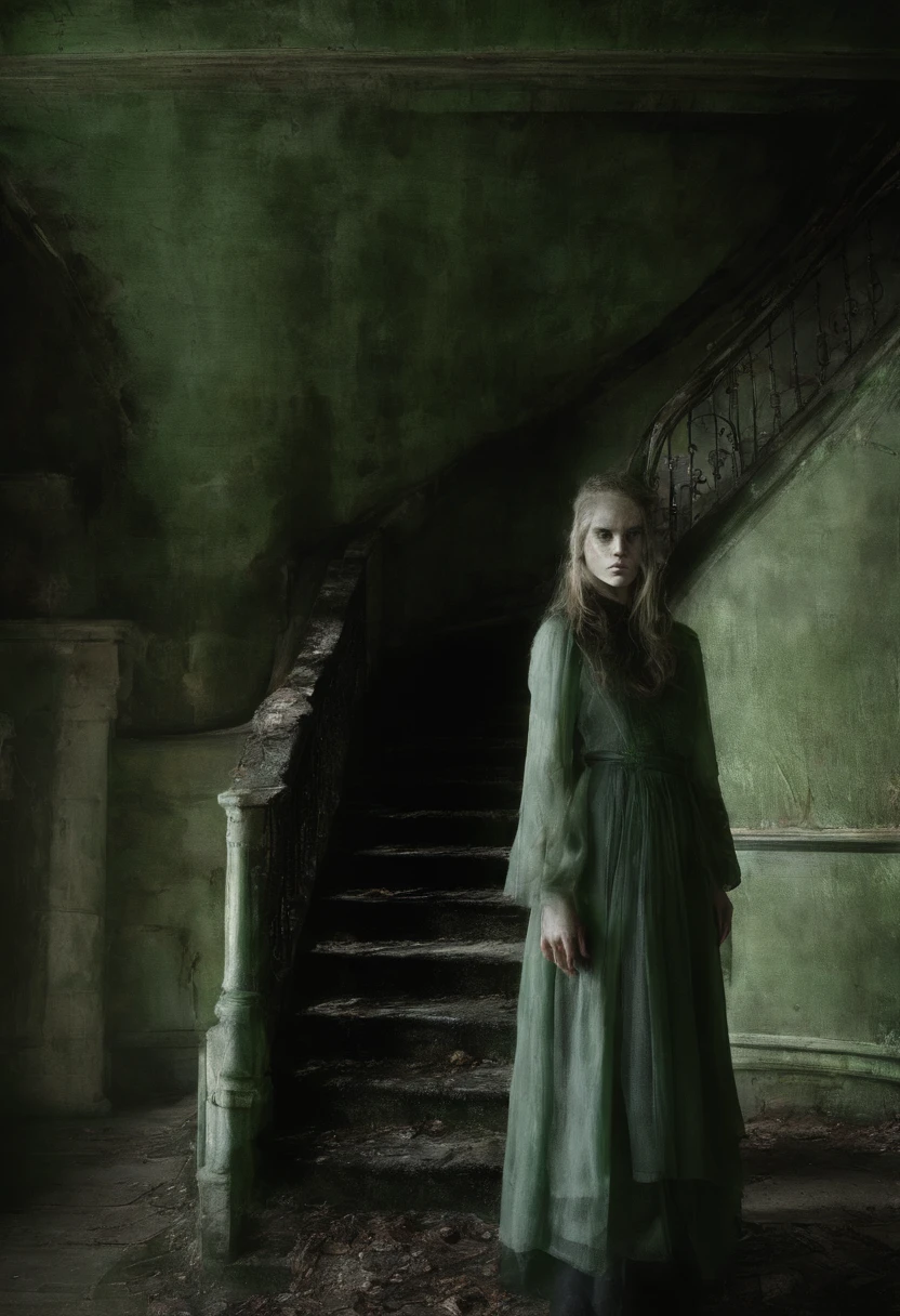 A 14-year-old girl，with hair dishevelled，The girl climbed down the stairs with twisted limbs，His face turned pale，Wet hair，The expression is hideous，Dennis Villeneuve's style, cinematic Film still from, cine still 800，Cinematic film texture，blurred lens，F1.2 apertures，Light green tones