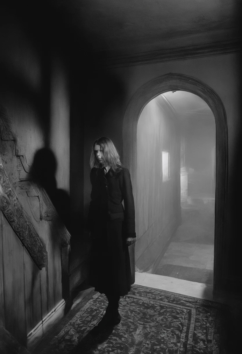 A 14-year-old girl,with hair dishevelled,The girl climbed down the stairs with twisted limbs,His face turned pale,Wet hair,The expression is hideous,Dennis Villeneuve's style, cinematic Film still from, cine still 800,Cinematic film texture,blurred lens,F1.2 apertures,Light green tones