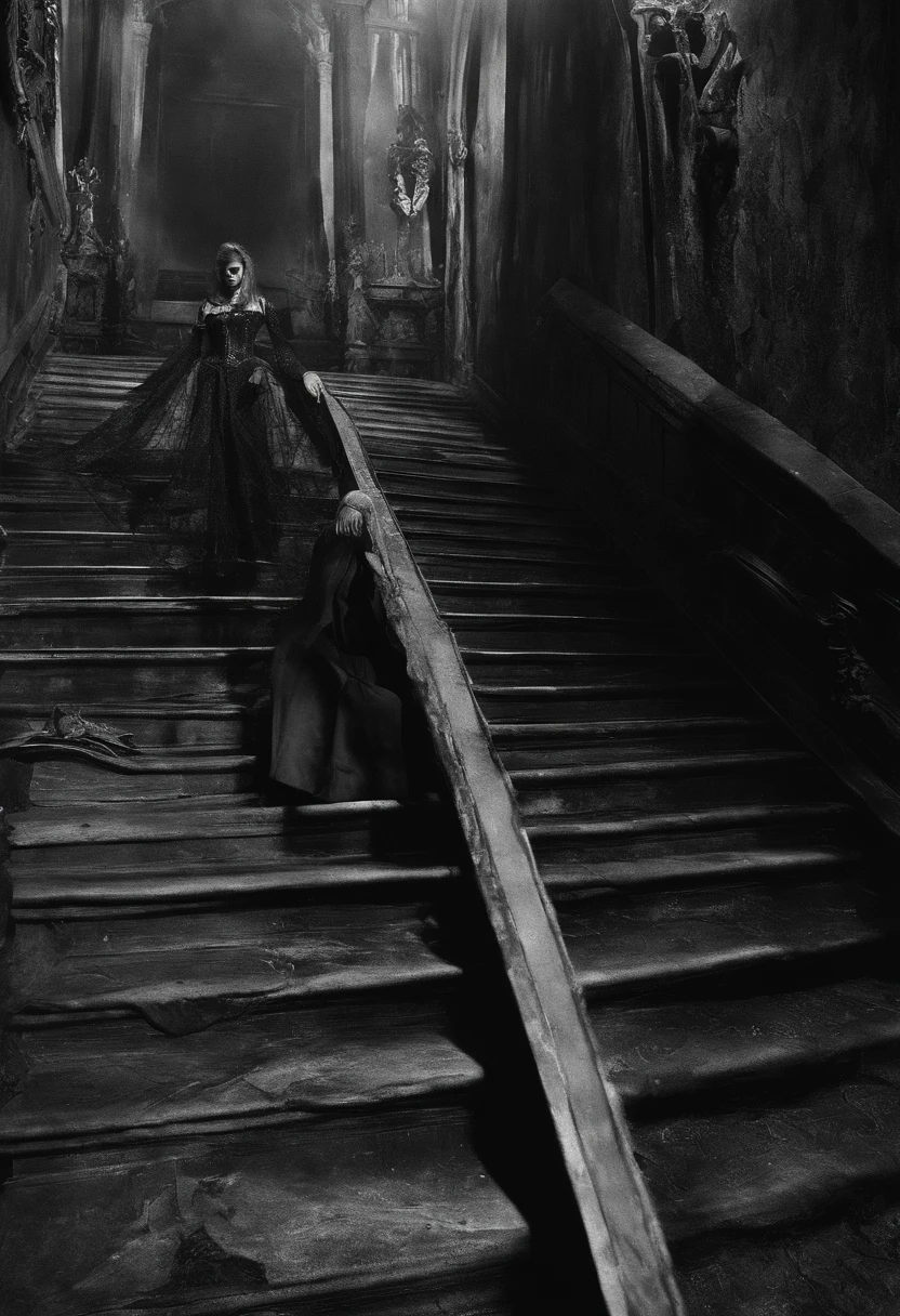 A -yeld giwith hair dishevelled,The girl climbed down the stairs with twisted limbs,His face turned pale,Wet hair,The expression is hideous,Dennis Villeneuve's style, cinematic Film still from, cine still 800,Cinematic film texture,blurred lens,F1.2 apertures,Light green tones