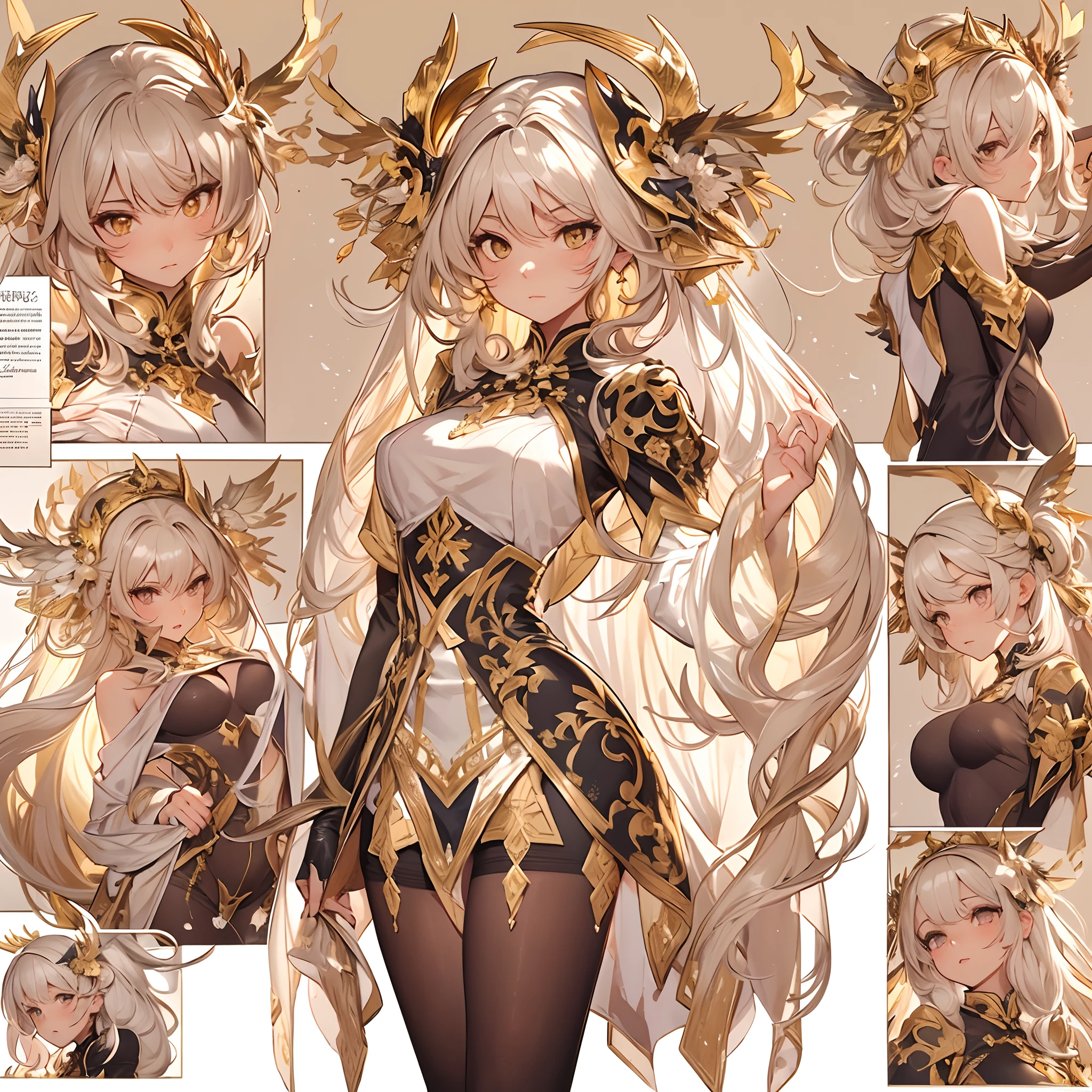 ((Masterpiece, Highest quality)), Detailed face, CharacterDesignSheet, full bodyesbian, Full of details, Multiple poses and expressions, Highly detailed, Depth, Many parts,beuaty girl,summoning,golden colored,estilo fantasia,lacepantyhose,Extremely beautiful,High Balance, Natural light,Star decoration