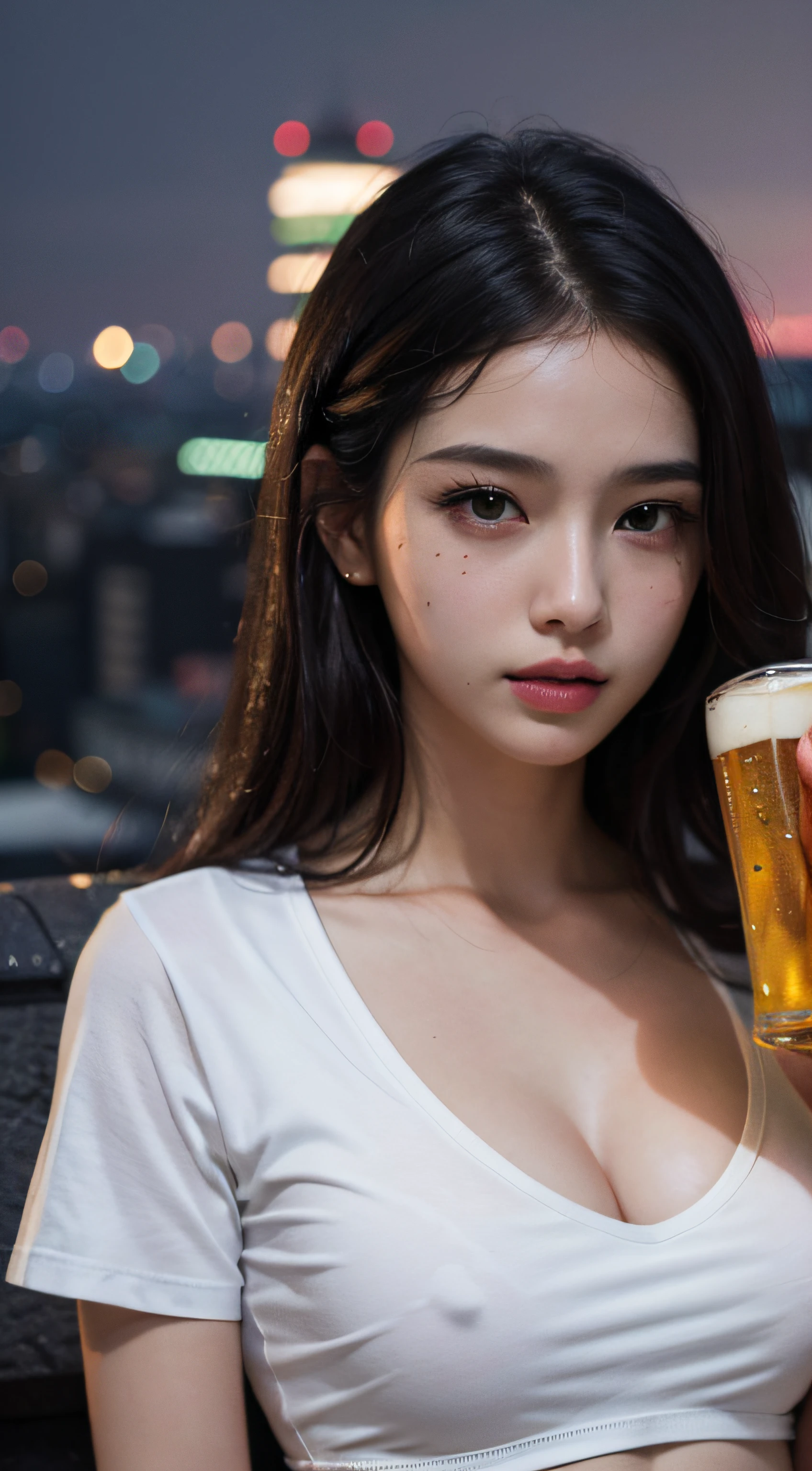 (round breast:1.6), (s whole body:1.3), (Black bronze hair:1.3), ((Drinking beer:1.3)), ((Grab a beer and drink it:1.3)), Extremely delicate and beautiful, Masterpiece, Best Quality, The ultra-Highres, 16 k, Photorealistic, Ultra-detailed, Very delicate CG 8k ((night scene, roof top:1.3)), beautiful lighting, perfect lightning, realistic shadows, Anatomically accurate., Delicate and radiant skin, Perfect Figure, 韓国アイドル, Late 20s, Slim Body, Small head, handsome detailed woman, very detailed eyes and face, realistic face proportions, Stunning detailed eyes, Realistic little beautiful face, Realistic little beautiful eyes, Double eyelids, makeups, Tearful mole, mole on chest, eardrop, Long wavy hair, cleavage, soft midriff, fine clavicle, beautiful and very thin legs, beautiful and very thin thighs, (White tight t-shirt, JINS)