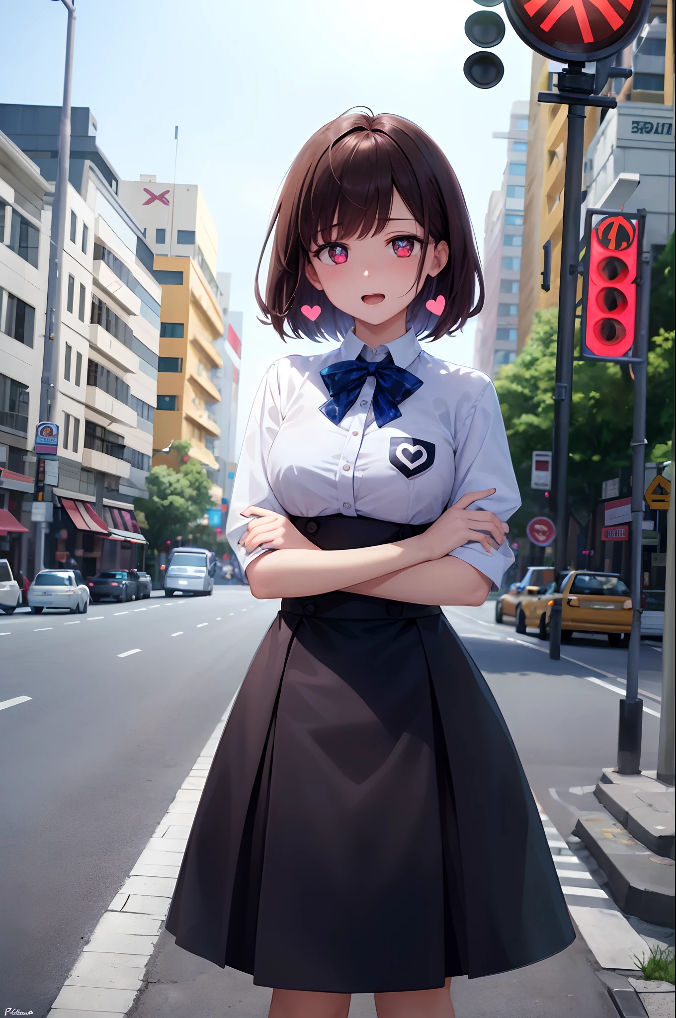 Obra maestra, La mejor calidad, 1girl, ((pechos enormes)),pelo corto,cana,dientes afilados,Colmillos,gargantilla,ojos azules,heart shaped pupils,cuernos de demonio,sonrojarse,(al aire libre,acera,traffic light,road sign),Mirando al espectador,Obra maestra, La mejor calidad, finamente detallado, High resolution, extremadamente delicado y hermoso, (Conejita), ((pechos enormes)) senos enormes,.