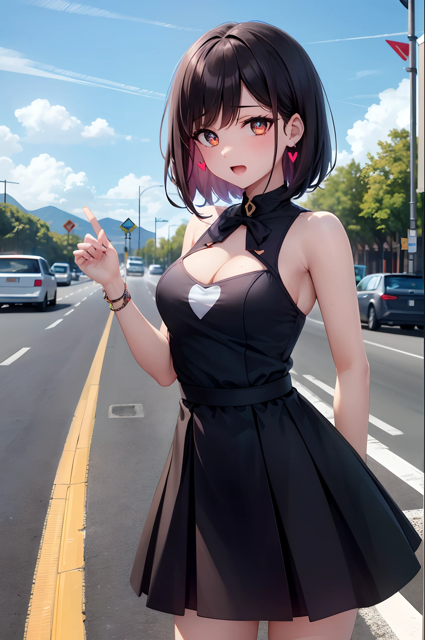 masterpiece, best quality, landscape with Contrast of Visual Weight, from behind, 1girl, gloria \(pokemon\), brown hair, (brown eyes:1.2), tam o' shanter, short hair, bob cut, bangs, looking at viewer, embarrassed, sweat, <lora:gloria_(pokemon)_v1:0.6>, medium breasts, short dress, <lora:shortdressv1b:0.7>