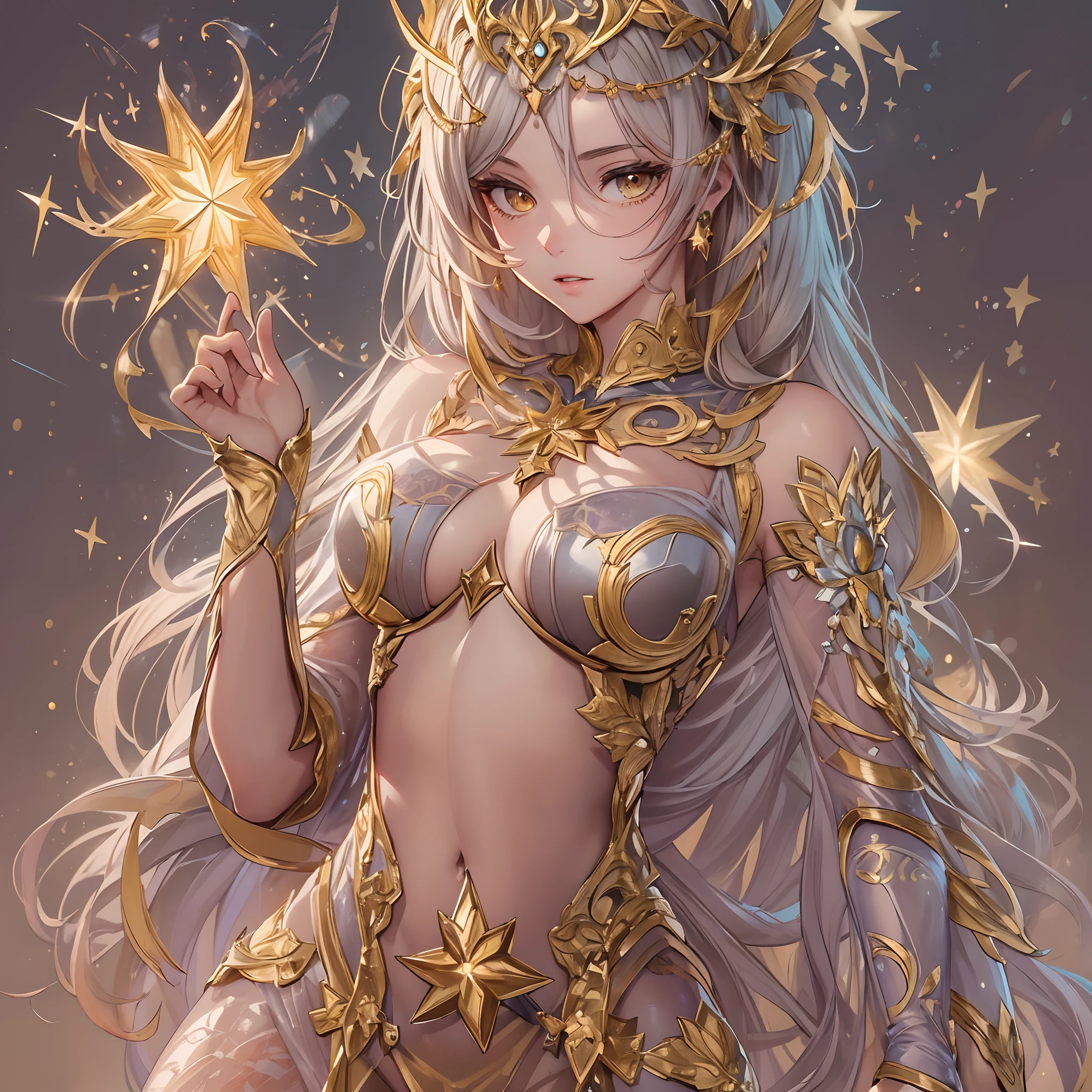 ((Masterpiece, Highest quality)), Detailed face, CharacterDesignSheet， full bodyesbian, Full of details, Multiple poses and expressions, Highly detailed, Depth, Many parts，beuaty girl，summoning，golden colored，estilo fantasia，lacepantyhose，Extremely beautiful，High Balance, Natural light,Star decoration