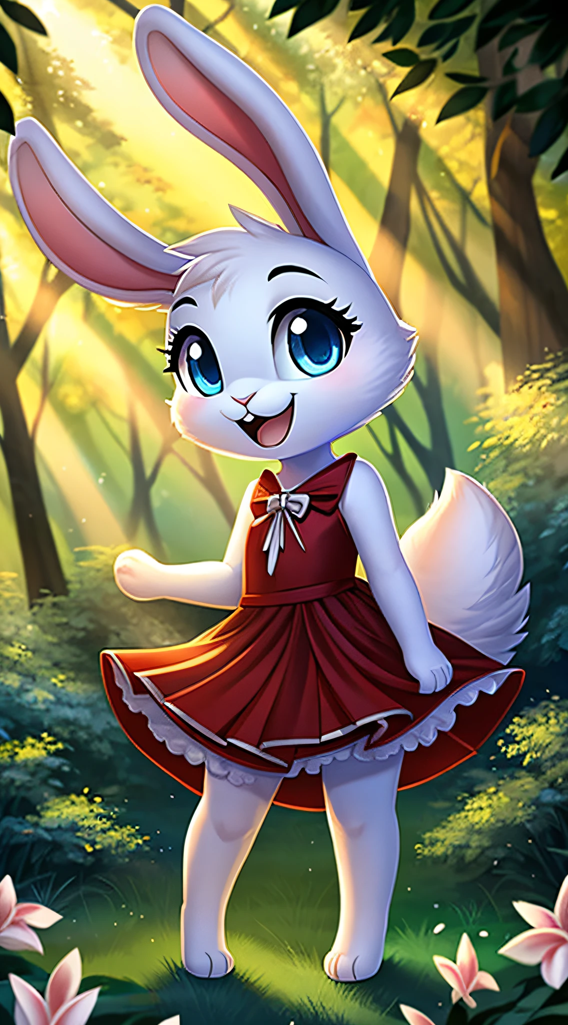 zoomed out image, fantasy style art, cute, adorable, short character, small, tiny little fluffy female white bunny with blue eyes, 4 ears, 2 extra ears, big floppy ears, long ears, ears perked up, raised ears, long eyelashes, poofy rabbit tail, wearing a red frilly ribbon dress, smiling, standing in a forest, big expressive smile, open mouth, wide eyes, excited eyes, excited face, stunning visuals, sunlight coming through the trees, white flowers scattered in the bushes, digital illustration