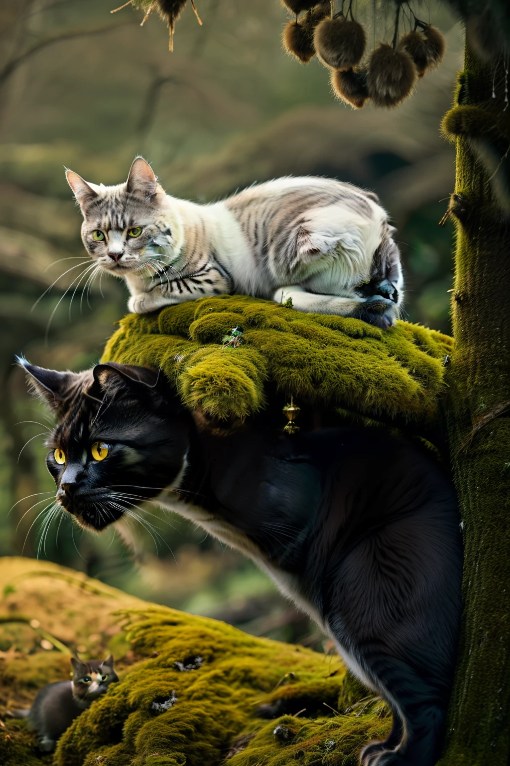 color photo of a cat, a majestic creature with sleek fur and piercing green eyes, gracefully perched on a moss-covered tree branch, surrounded by a serene forest, emanating an aura of mystery and curiosity