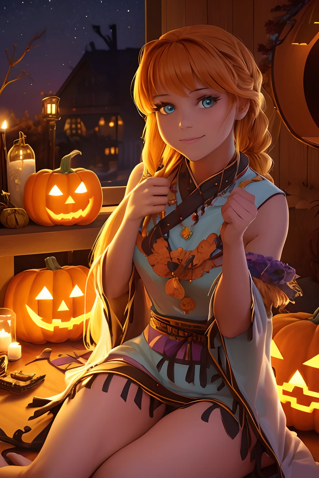 (best quality,4k,8k,highres,masterpiece:1.2),ultra-detailed,(realistic,photorealistic,photo-realistic:1.37),A girl with long blonde hair, soft blue, in Halloween T-shirt carving a pumpkin for Halloween, intricate pumpkin carving, beautiful detailed eyes, beautiful detailed lips, long eyelashes, autumn-themed porch background, orange lighting, cozy and warm atmosphere, vibrant colors, Halloween spirit, spooky but cute aesthetic, festive attire, magical feel, shadow and light interplay, imaginative and creative scene.