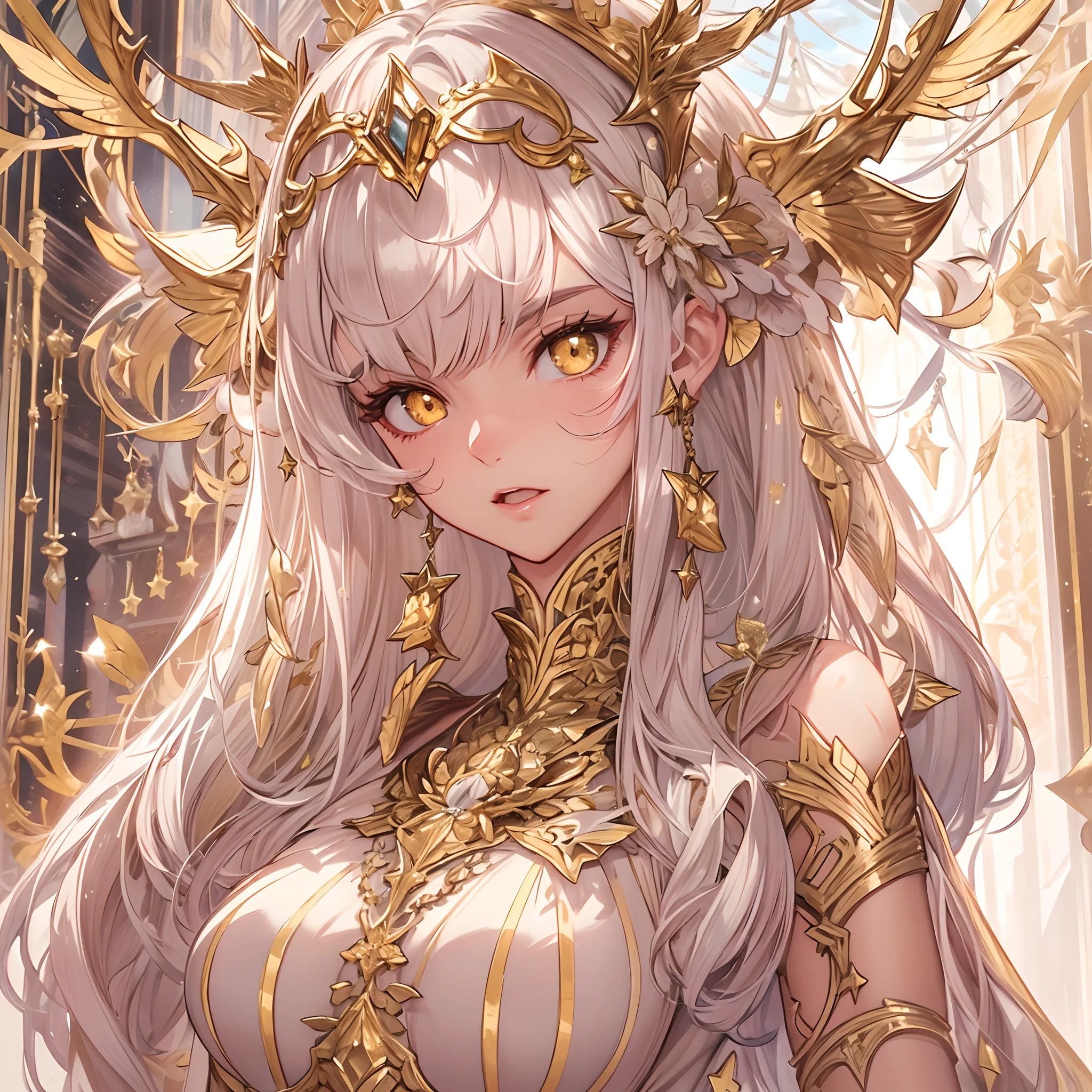 ((Masterpiece, Highest quality)), Detailed face, CharacterDesignSheet， full bodyesbian, Full of details, Multiple poses and expressions, Highly detailed, Depth, Many parts，beuaty girl，summoning，golden colored，estilo fantasia，lacepantyhose，Extremely beautiful，High Balance, Natural light,Star decoration