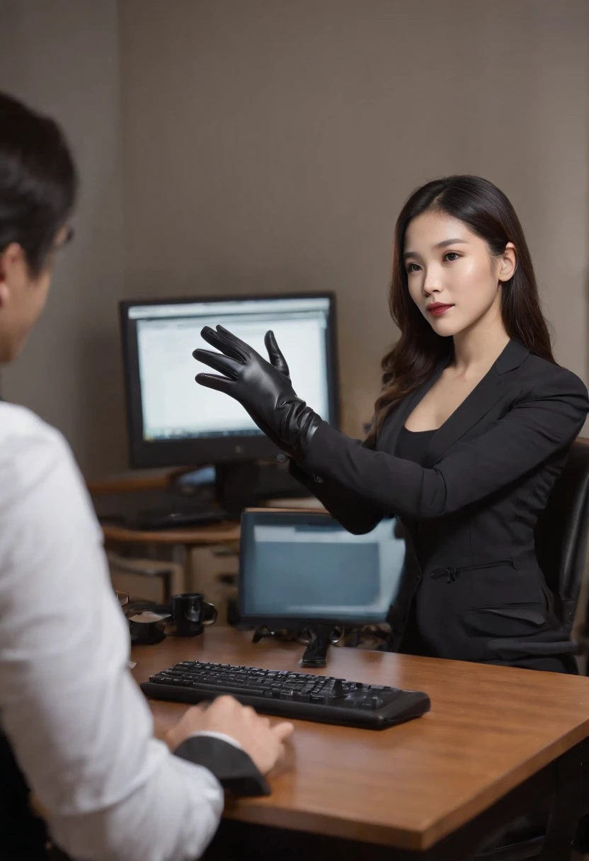 Wearing black leather gloves on both hands, Upper body, Black business suit, Facing the desk in my room with a computer in the dark, Tapping the keys on the computer keyboard with the fingertips of black leather gloves while looking at the screen, Black hair was tied back for a long time, Japan Female New Employees (Black leather gloves cover both hands) (The angle is frontal)