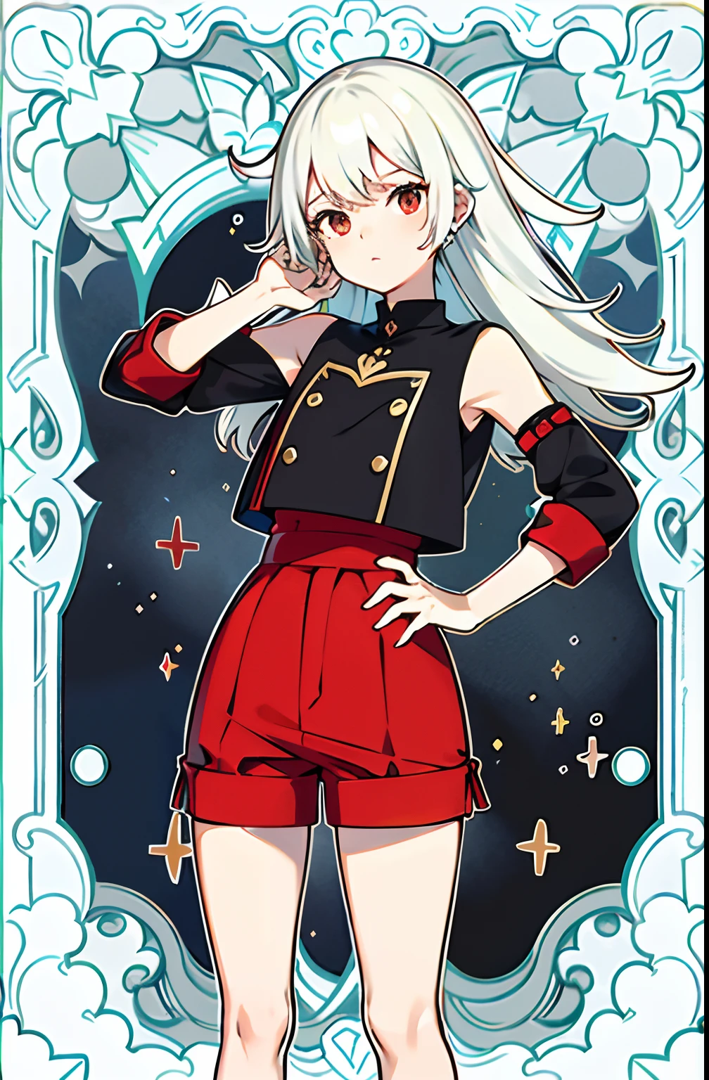 quadratic element，com cabelos curtos dourados，Pupilas vermelhas e azuis，Meias castanho-escuras，terno apertado，tight short pants，luvas castanho-escuras