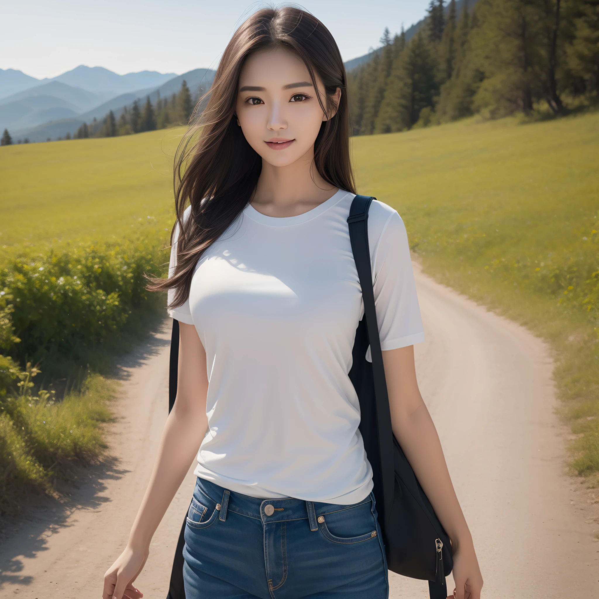 One lady、((best qualtiy、8k masterpieces:1.3))、foco nítido:1.2、(ultra beautiful faces:1.0)、(shinny skin:1.0)、photos realistic、A dark-haired、Video Lighting、High-definition eyes and face、Video Lighting、(Korean Cute Actress)、from the front side、medium breasts、Smile、Slender Abs Beauty、Whole body、wearing t-shirts、On the trail in the early morning、