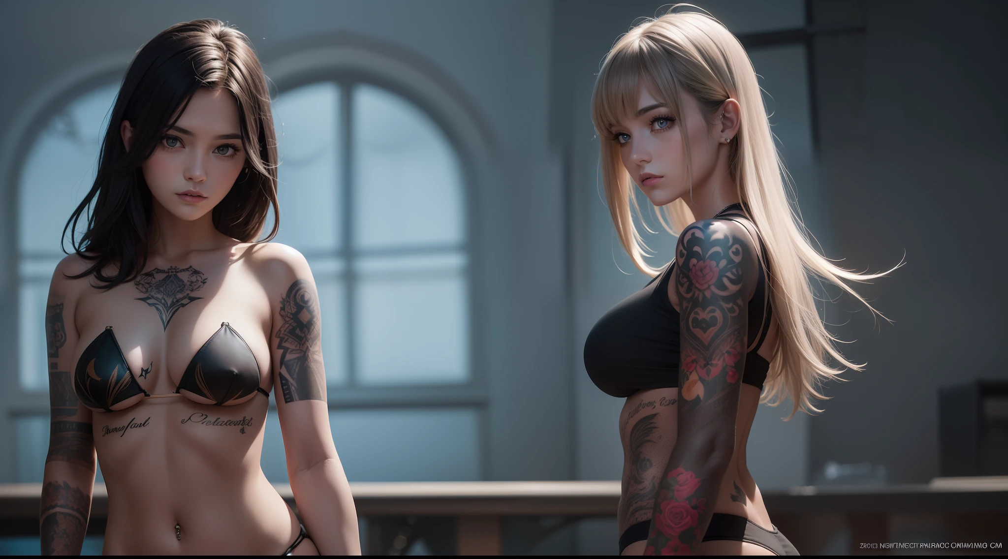 Get ready to be amazed by this creative and detailed prompt, showcasing a real masterpiece of a 20-year-old girl, her smooth skin and colorful tattoos standing out against the cinematic lighting, her beautiful dark eyes drawing you in.