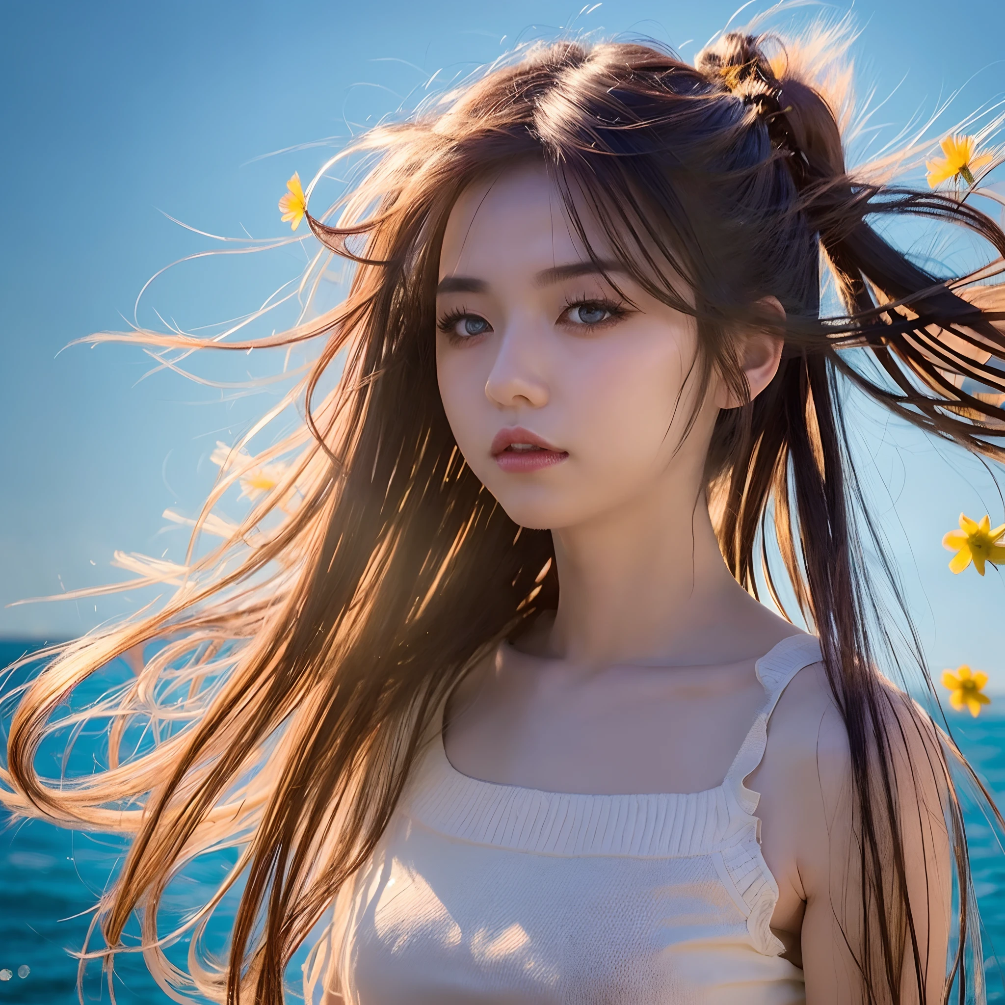 (Masterpiece), (Best Quality), (Super Detail), (disheveled Hair), (Illustration), (One Girl), (Fashionable Clothes), Standing, Fashion Model, Beholder, (Interview), (Simple Background), Finely Beautiful Eyes, Delicate Beautiful Face, Floating, (High Saturation), (Colorful Splash), Colorful Bubble, (Shine), Focus on the Face, Ponytail, Light Yellow Hair, Bangs, Hair Rings, Floating Flowers, Floating Hairs, (Shining), Best Lighting, Best Shadows