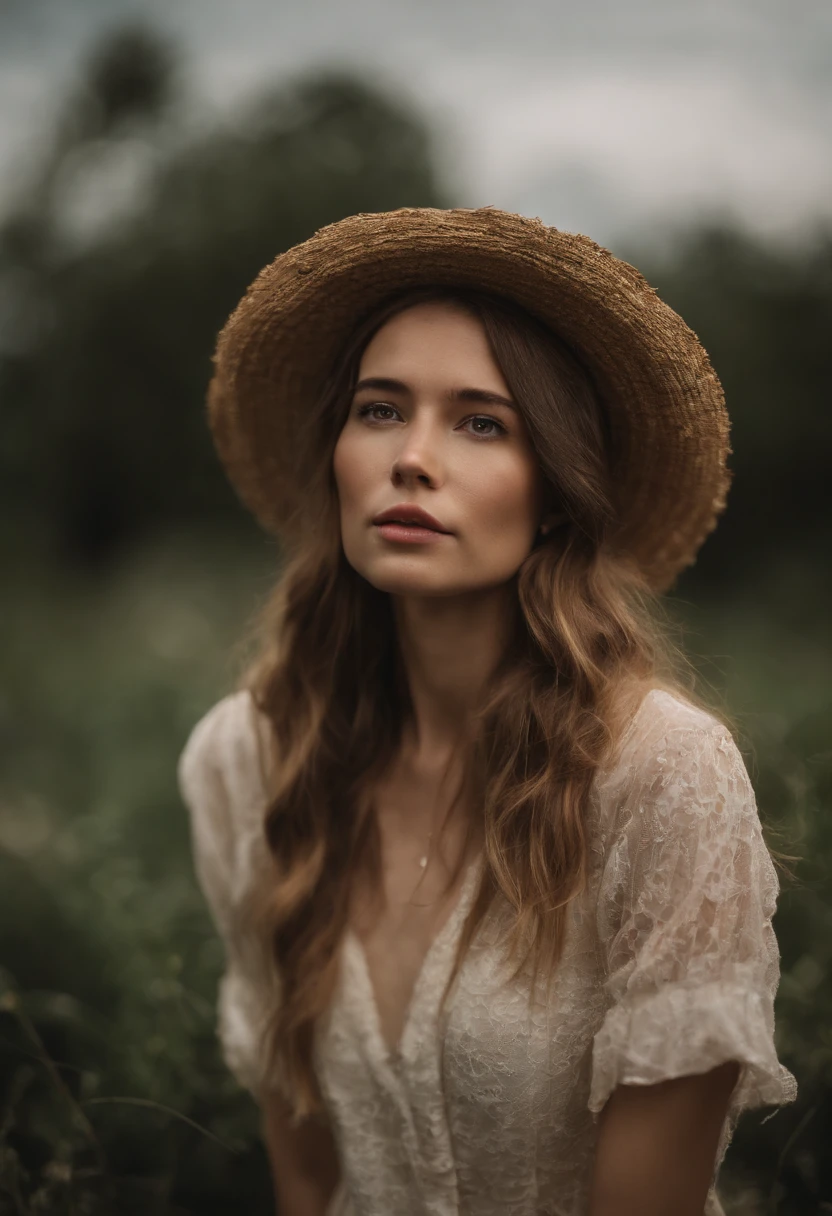 Woman in short sleeve blouse looking up at the sky、age19、Semi-long hair fluttering in the wind、She wears a cute straw hat on her head.