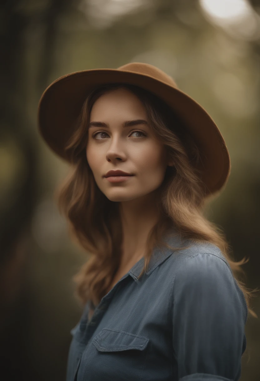 Woman in short sleeve blouse looking up at the sky、age19、Semi-long hair fluttering in the wind、She wears a cute straw hat on her head.