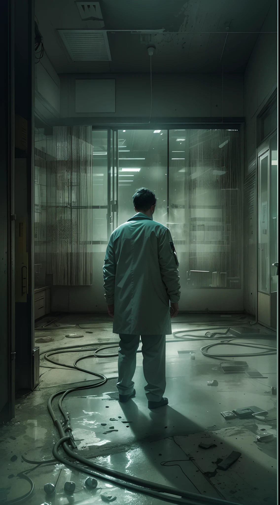 Detailed movie clips，Experimenters who are conducting scientific experiments，Researchers in white coats，One guy :2 ，Test bench as a prospect，The environment inside the lab，Huge floor-to-ceiling windows，David Cronenberg's cinematic style，Gloomy green tones，Horror Movie，Horror and horror style，Dark and damp