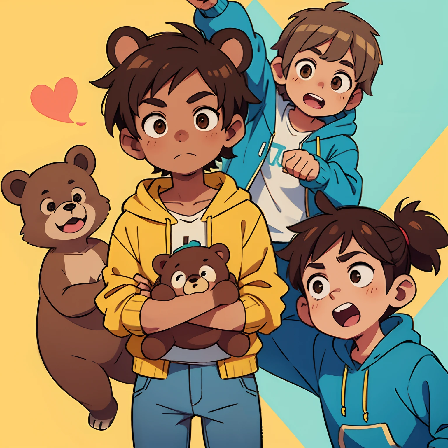 , yellow hoodie, Grey jeans, Brown hair, Cyan eyes, with a bear in his hands