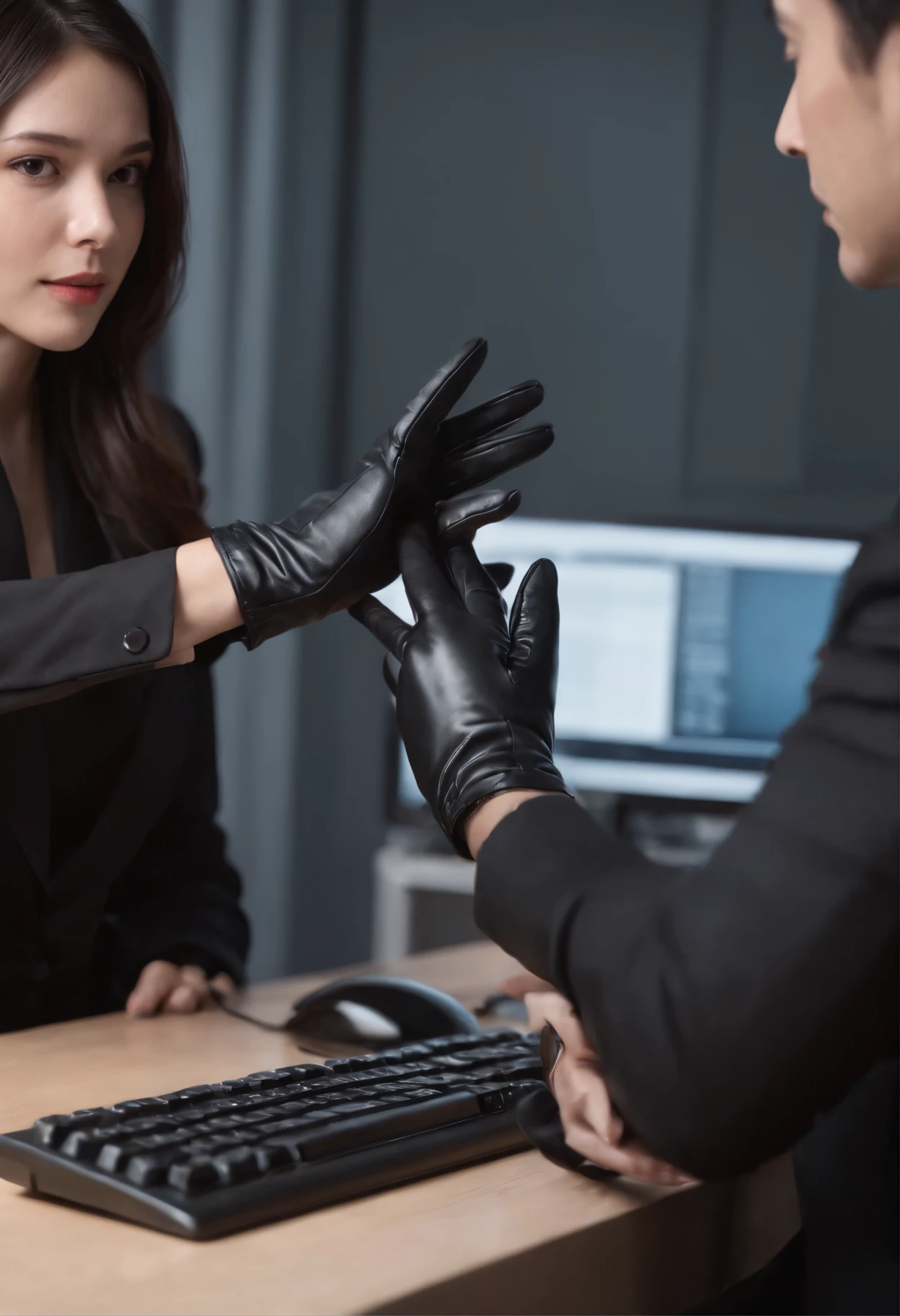 Wearing black leather gloves on both hands, Upper body, Black business suit, Facing the desk in my room with a computer in the dark, Tapping the keys on the computer keyboard with the fingertips of black leather gloves while looking at the screen, Black hair was tied back for a long time, Japan Female New Employees (Black leather gloves cover both hands) (The angle is frontal)
